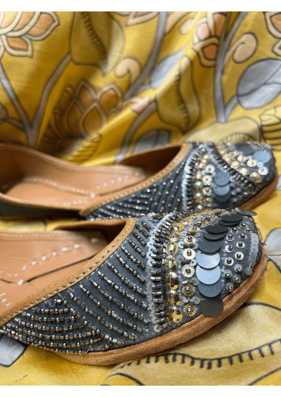 Dark Grey hand work Jutti in Pure Leather