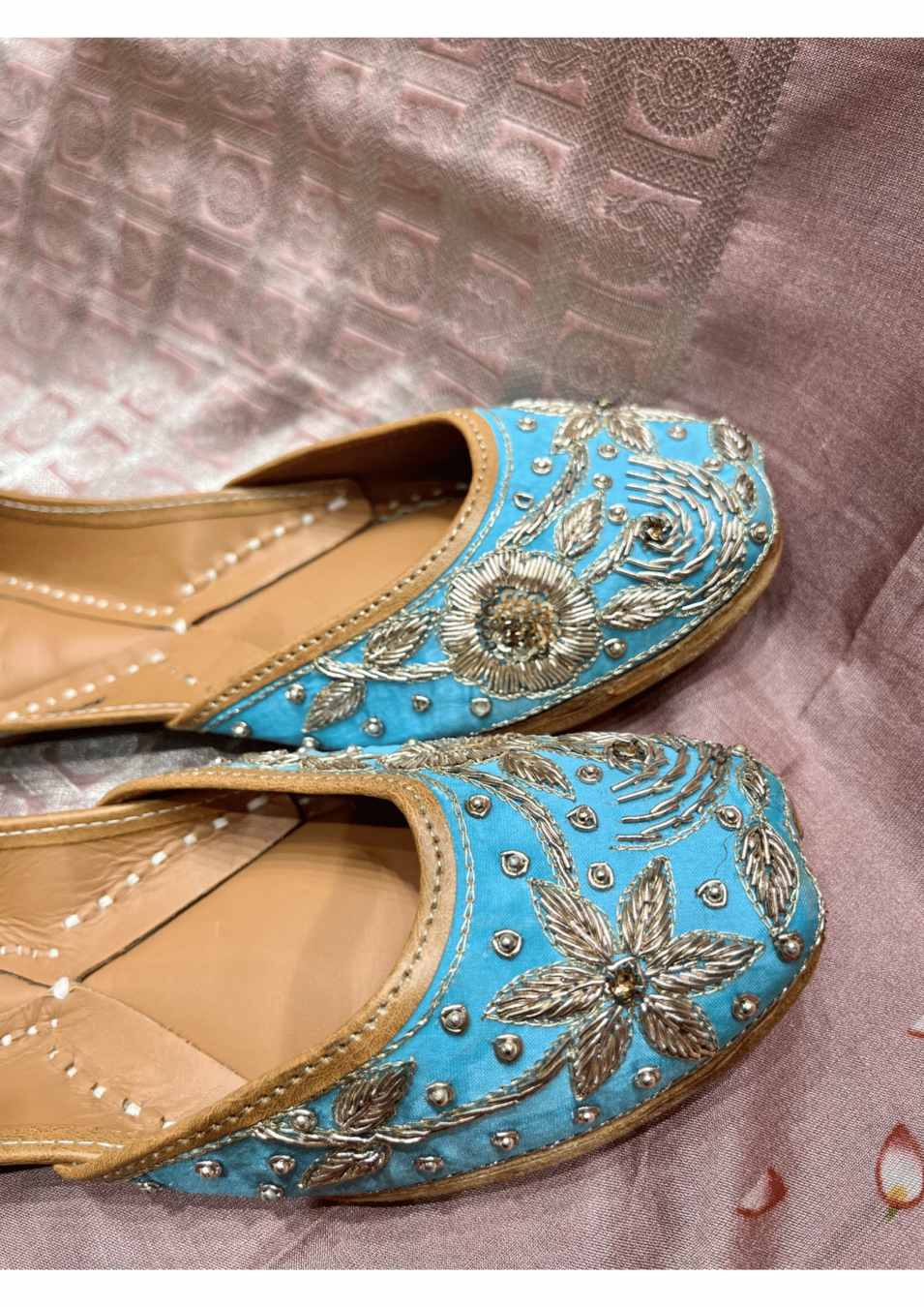 Light Blue color Zardosi work Pure Leather Jutti
