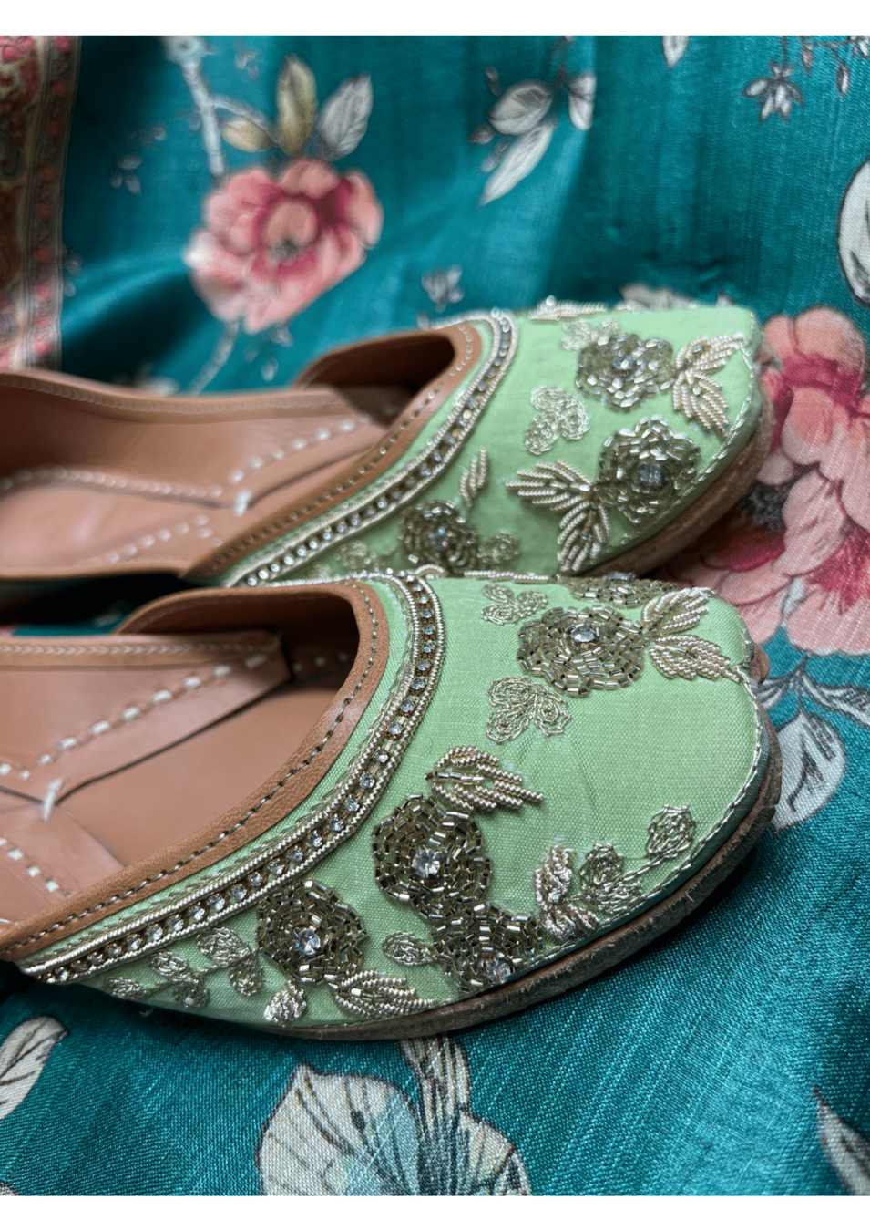 Pista Green color Zardosi work Pure Leather Jutti