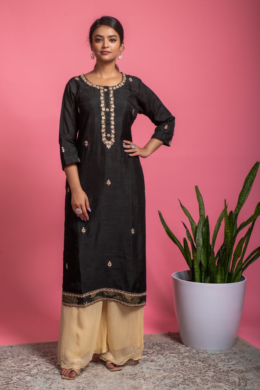 Dark Brown simple Kurti & Pant with Gotta Patti work