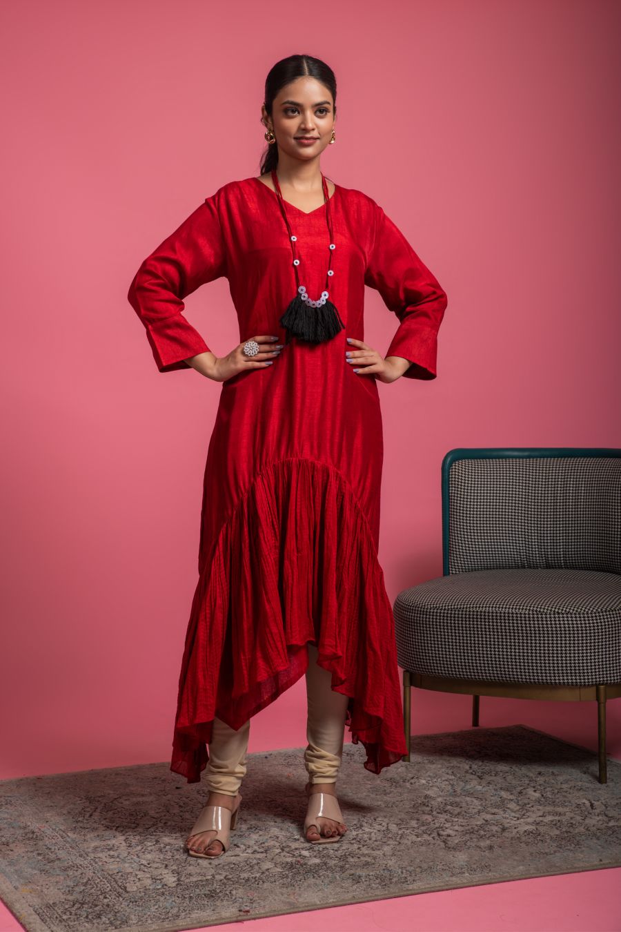 Stylish Cherry Red Kurti in Raw Silk