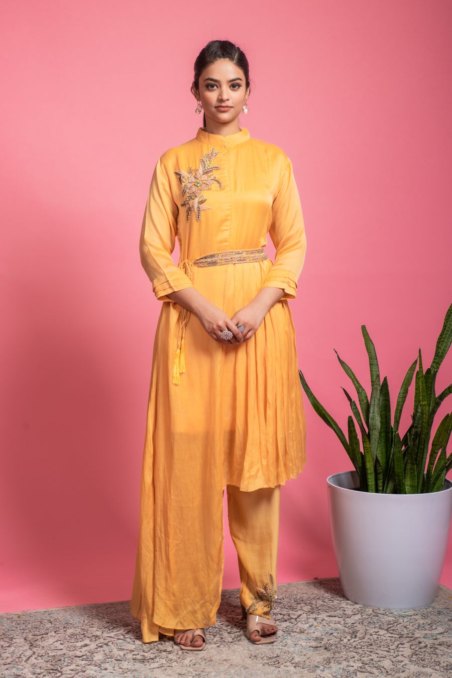 Up & Down stylish Yellow color Kurti & Pants with an embellished Belt