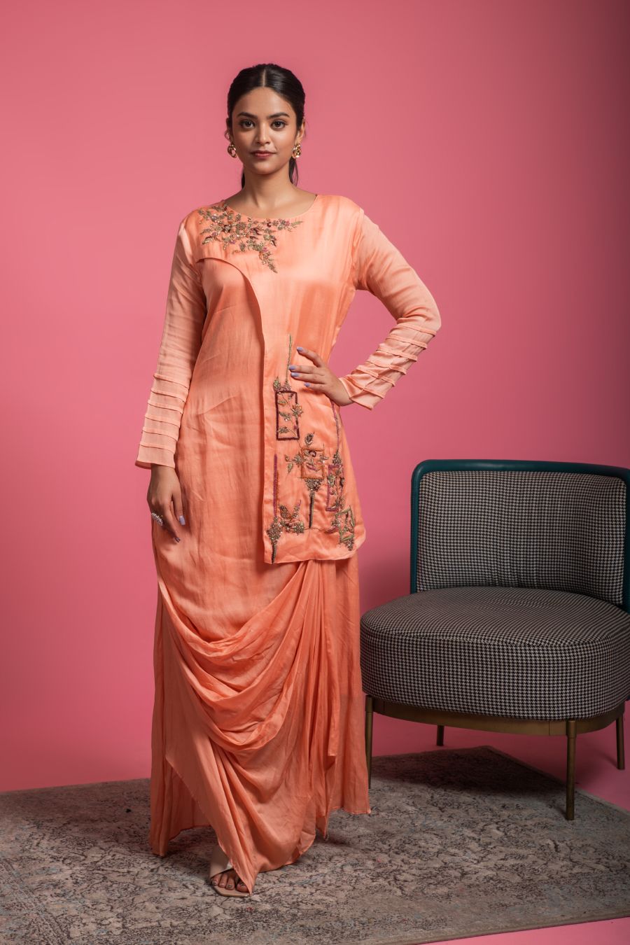 Apricot Drape Style Kurti in Dola Silk