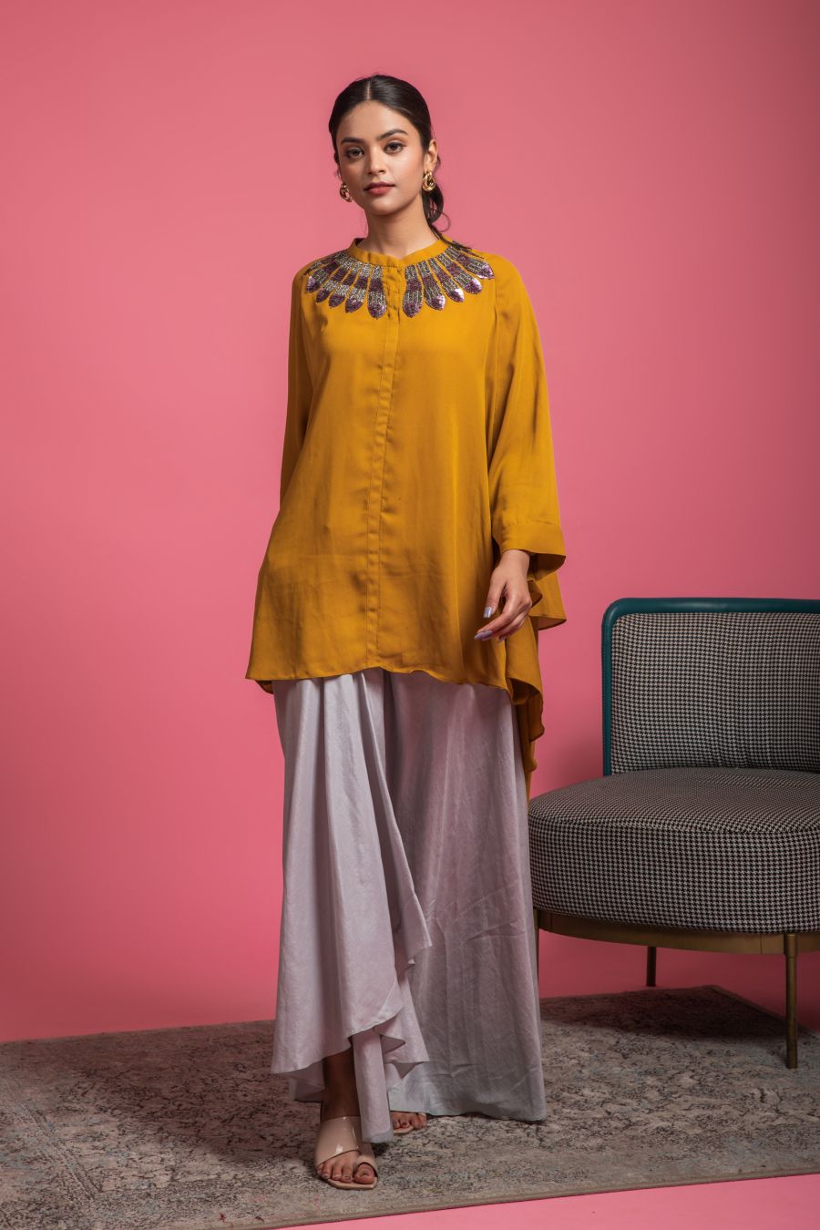 Loose Satin Mustard  Kurta with Grey Palazzo