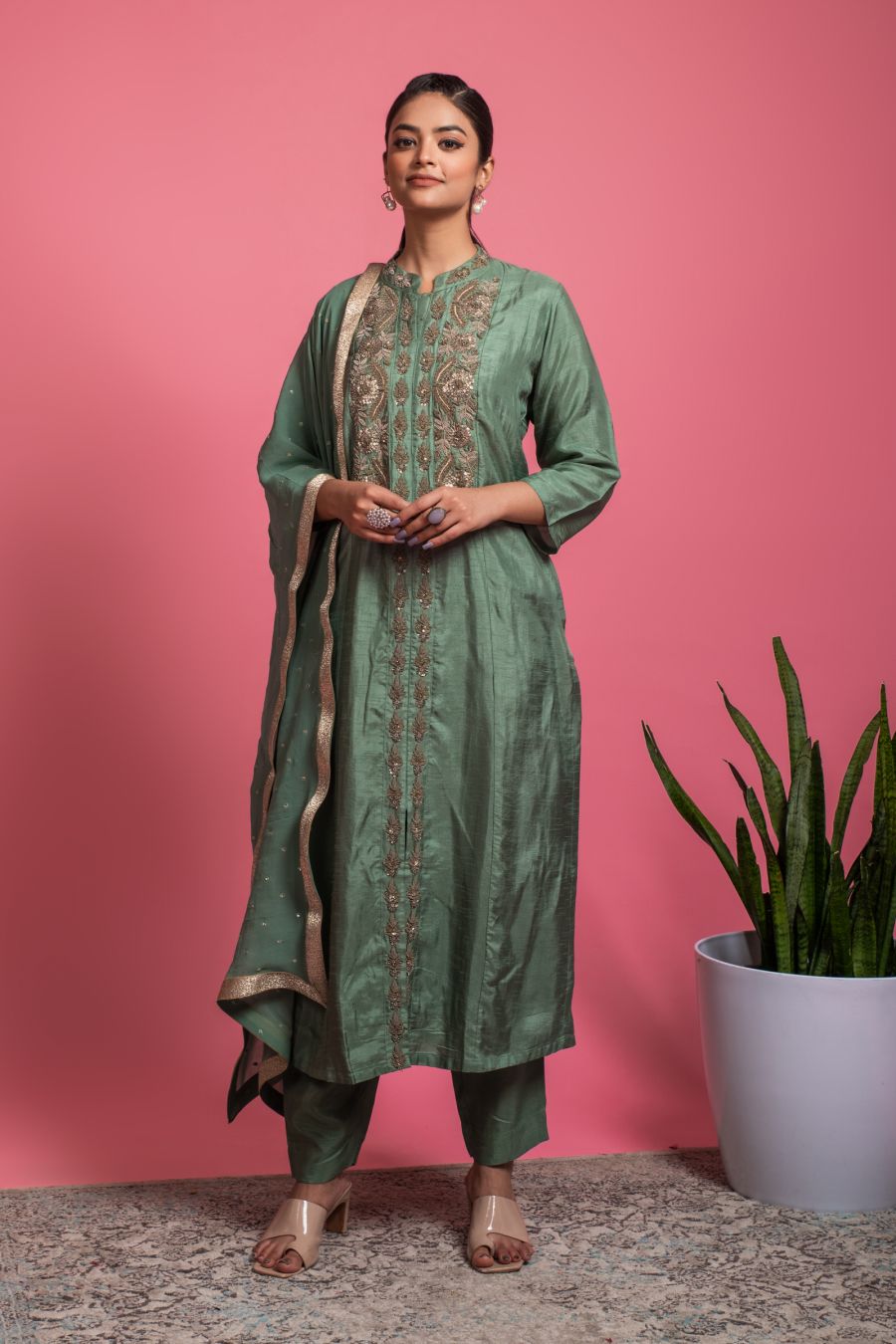 Green color Heavy work Dola Silk kurta with matching pants