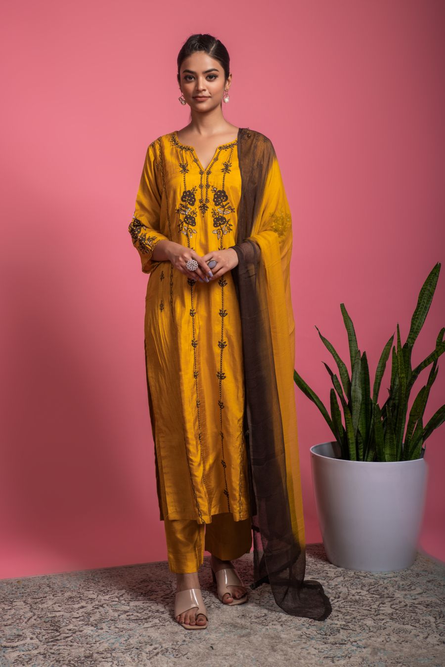 Honey Yellow Simple Kurti with Pants and Brown Dupatta