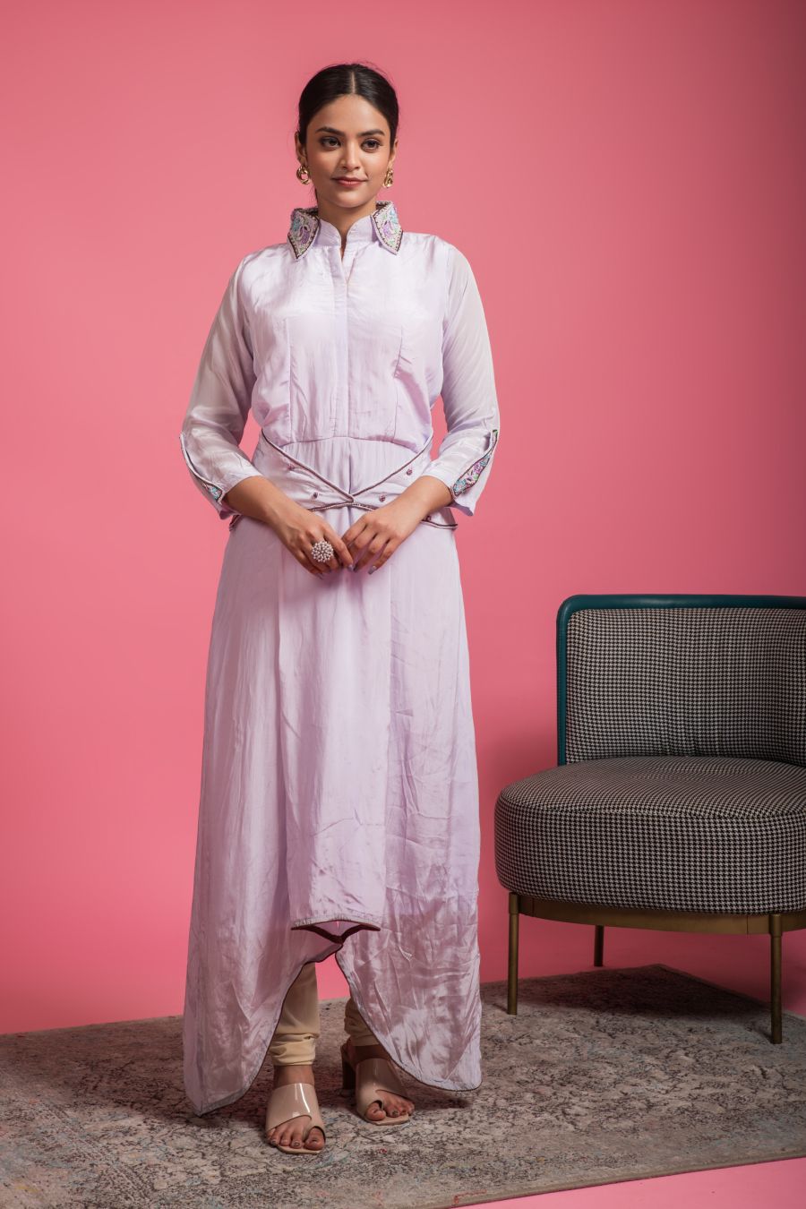    Stylish Up & Down Dola Silk Kurti in Baby Pink color