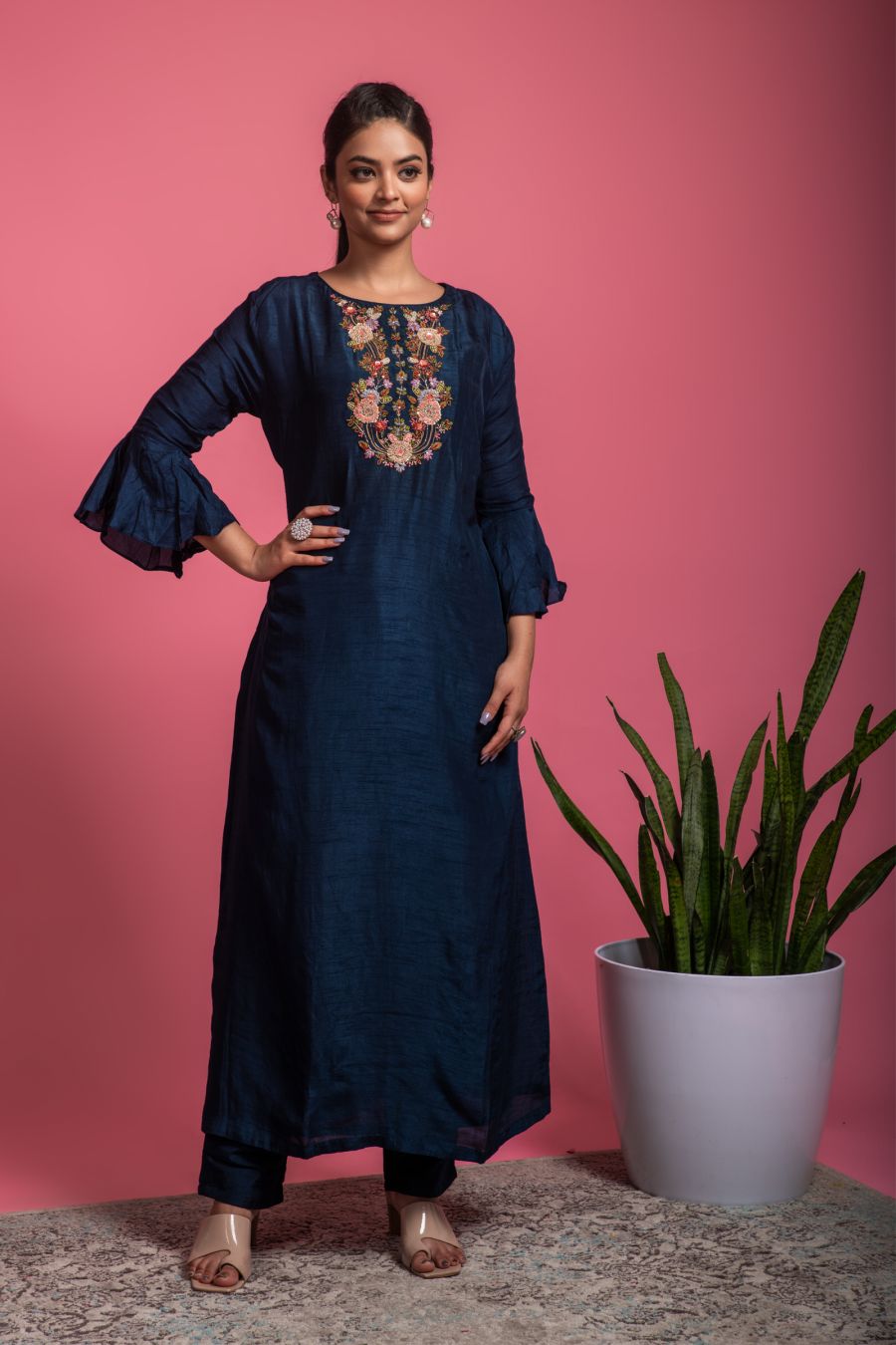 Navy Blue Dola Silk Kurta with Pants