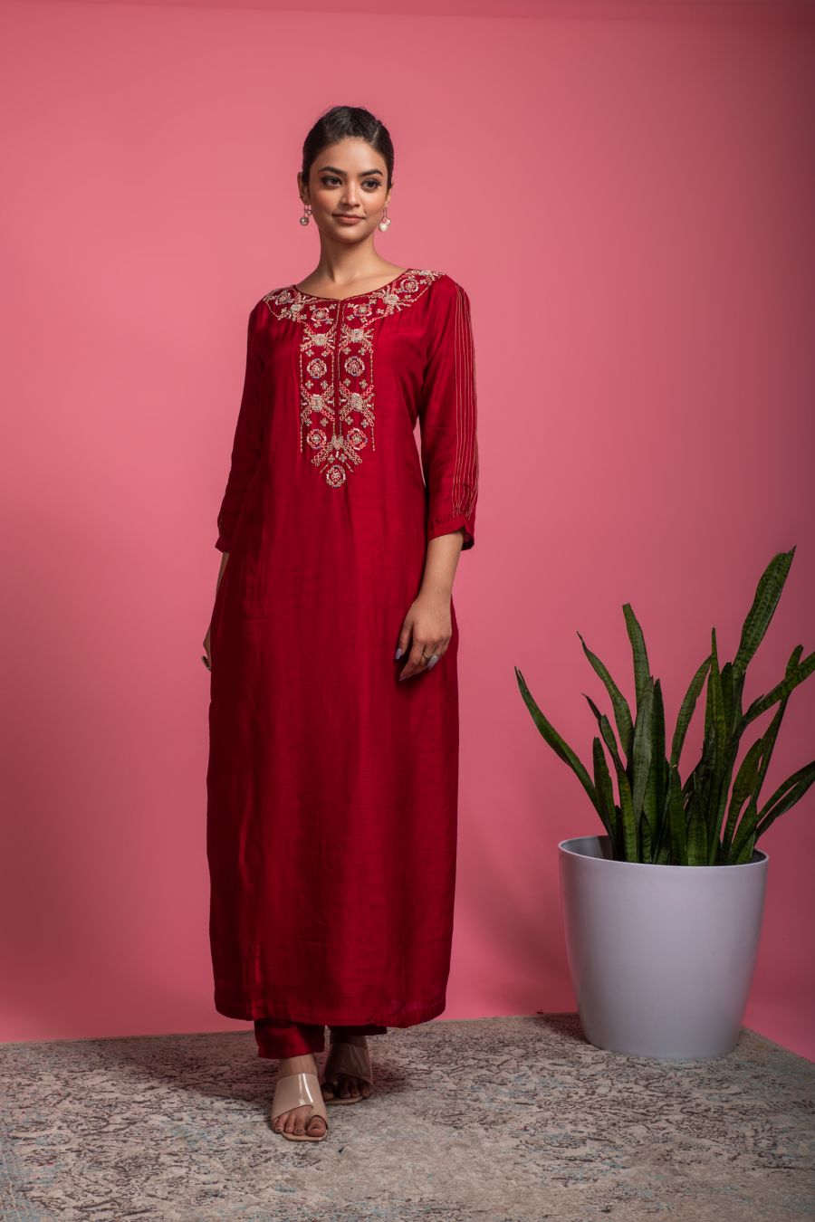 Cherry Red Kurta & Pant in Dola Silk