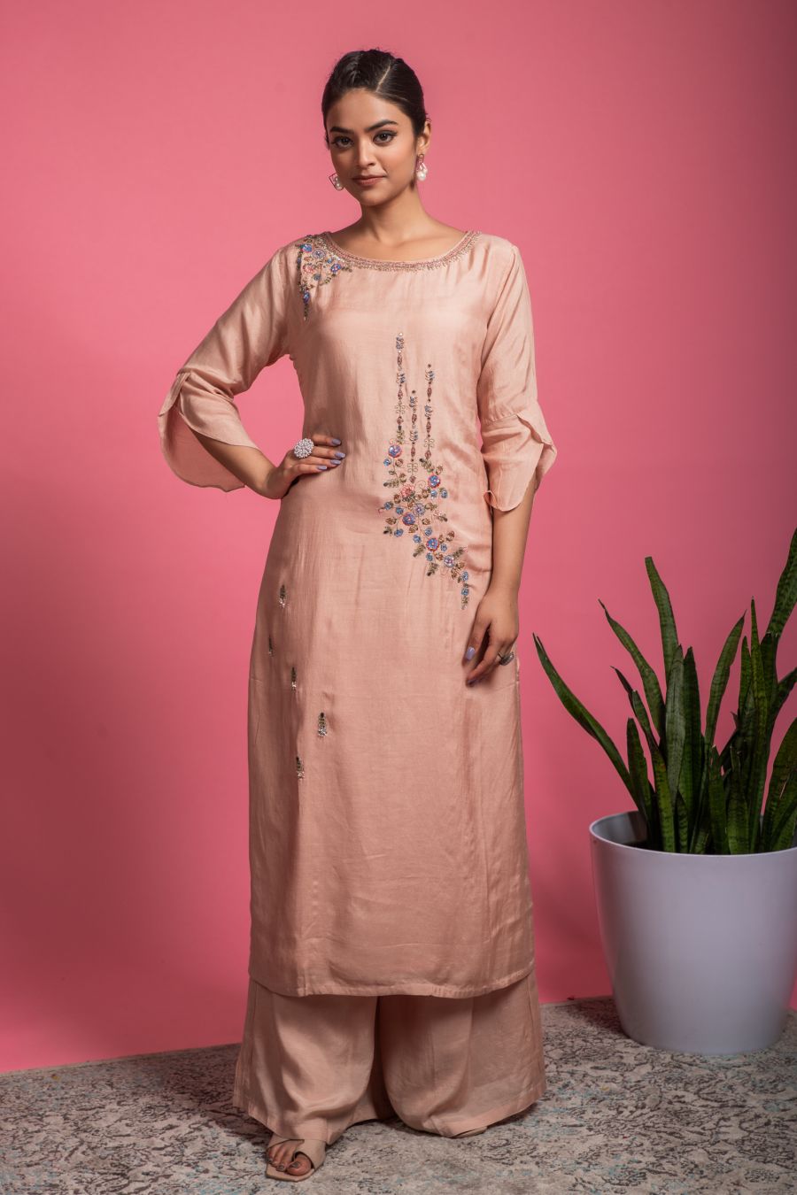 Asaanzo Women's Embroidered Nayra Cut Rayon Kurti with Pant and Dupatta Set  Color - Pink (XL) : Amazon.in: Fashion