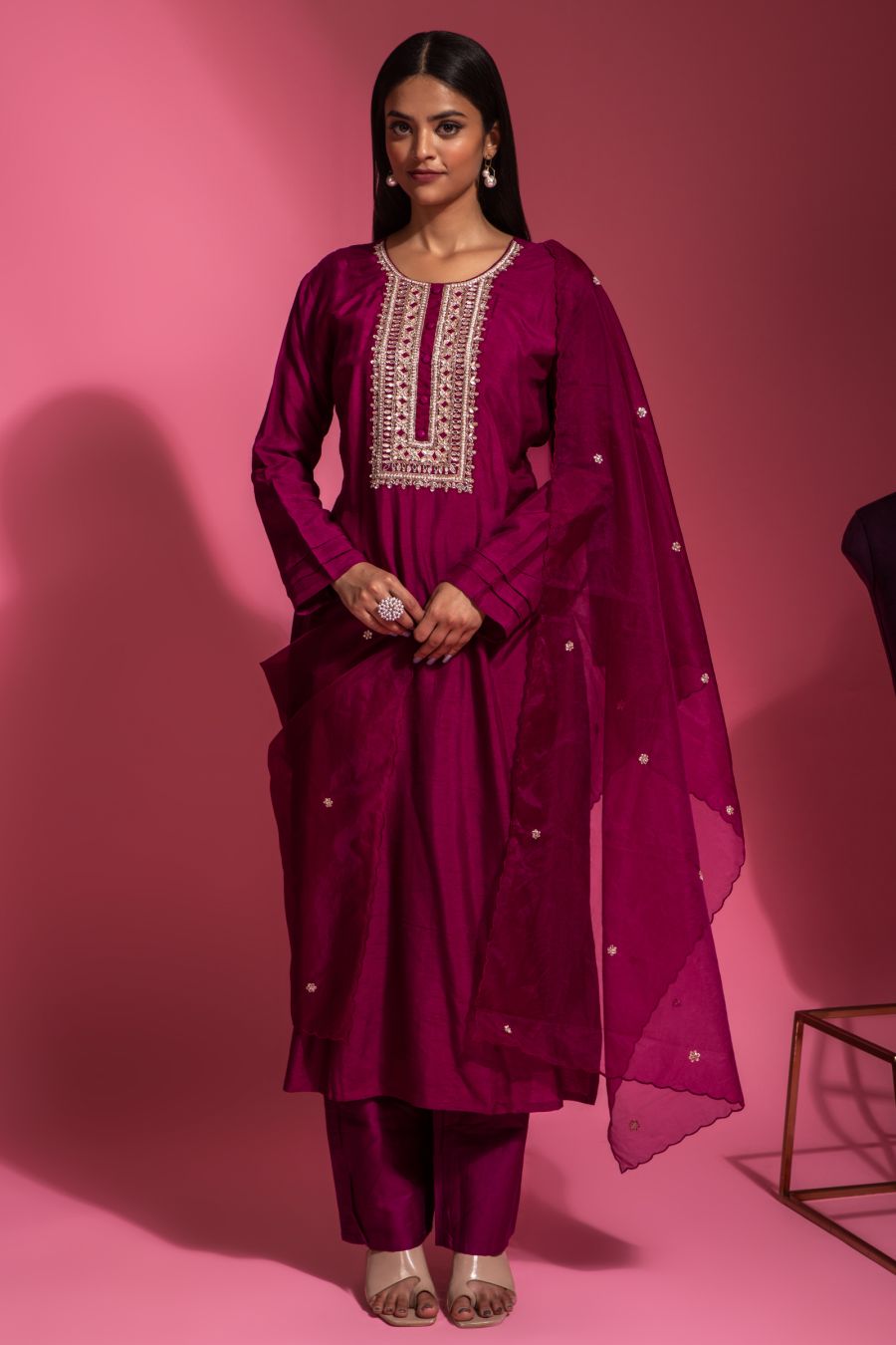 Wine Colour Kurti & Pant Set With Dupatta