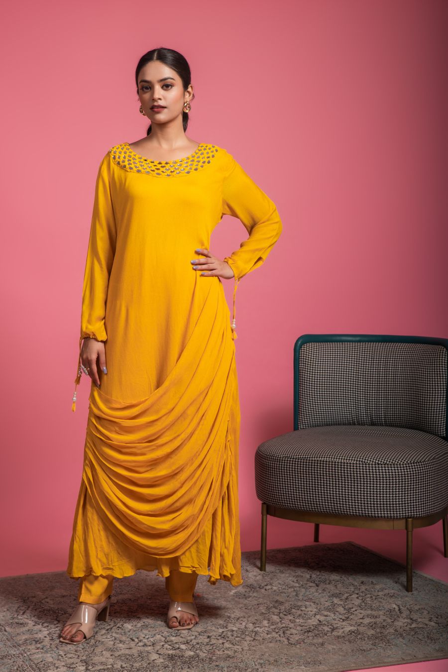 Drape style Mustard Kurti with Pants