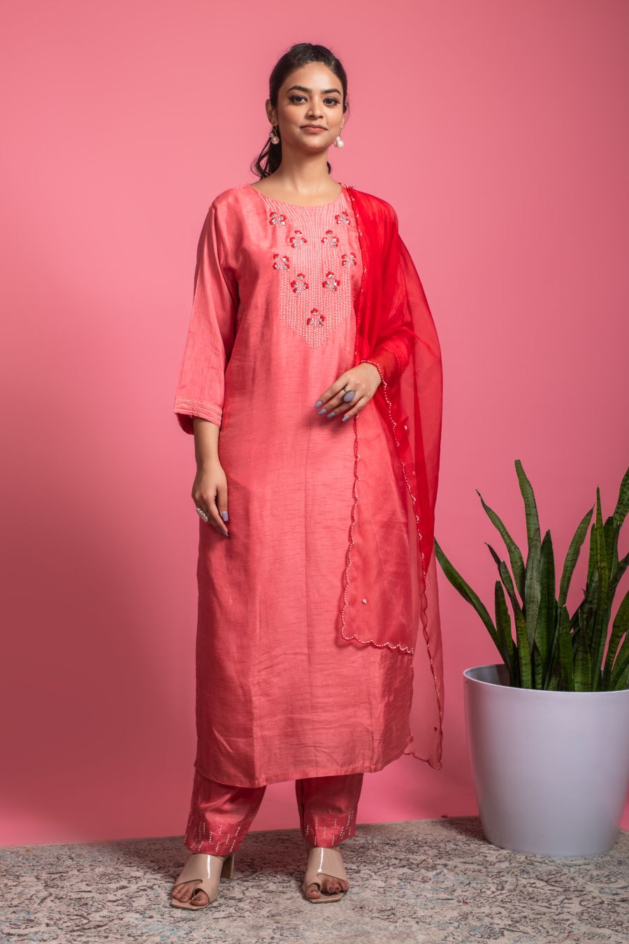 Ultra Red color Kurti & Pants with Organza Dupatta