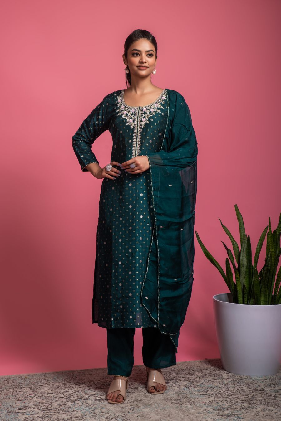 Peacock Green color Kurti and Pants with Organza Dupatta