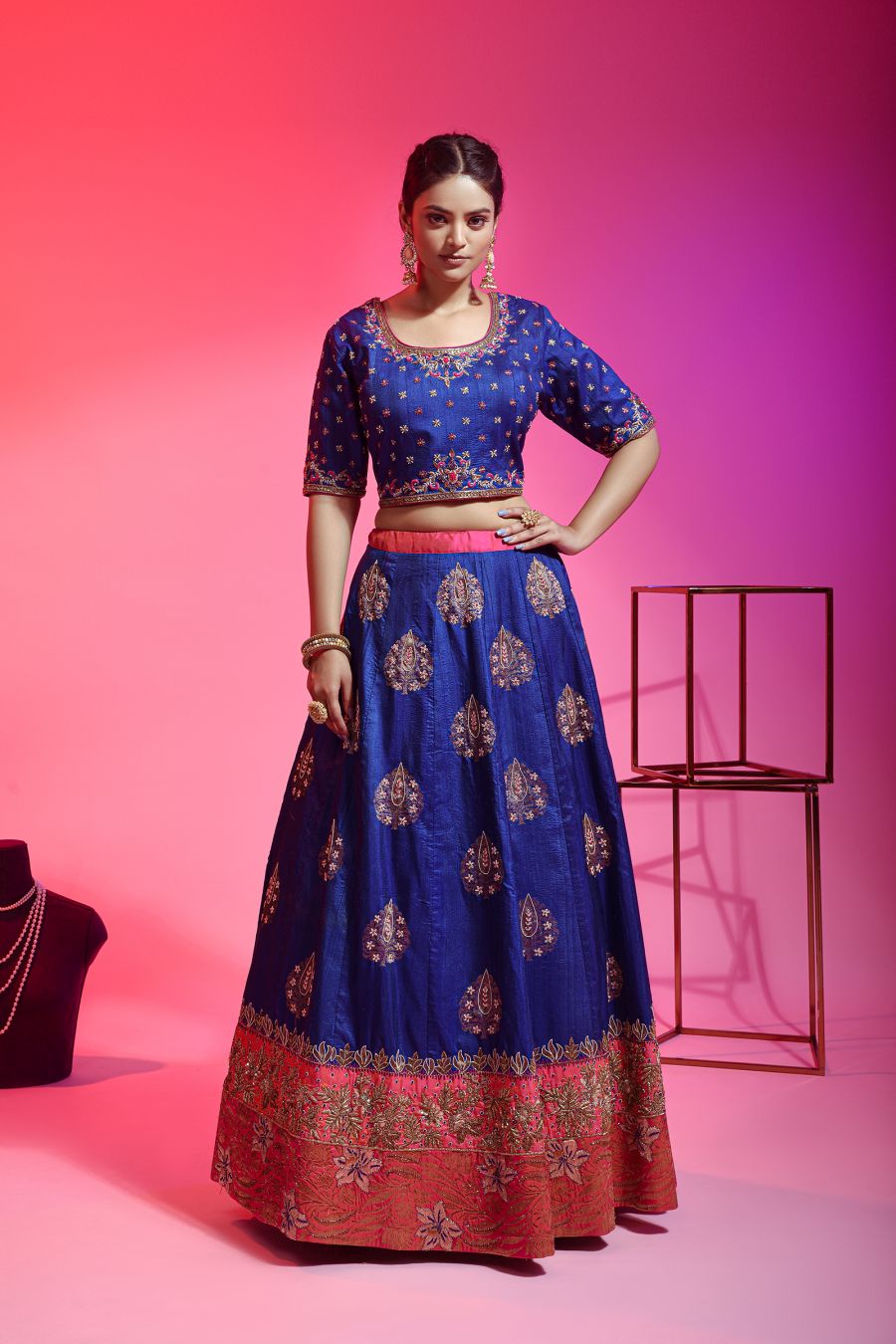 Royal Blue Raw Silk Lehenga Choli With Hand Work