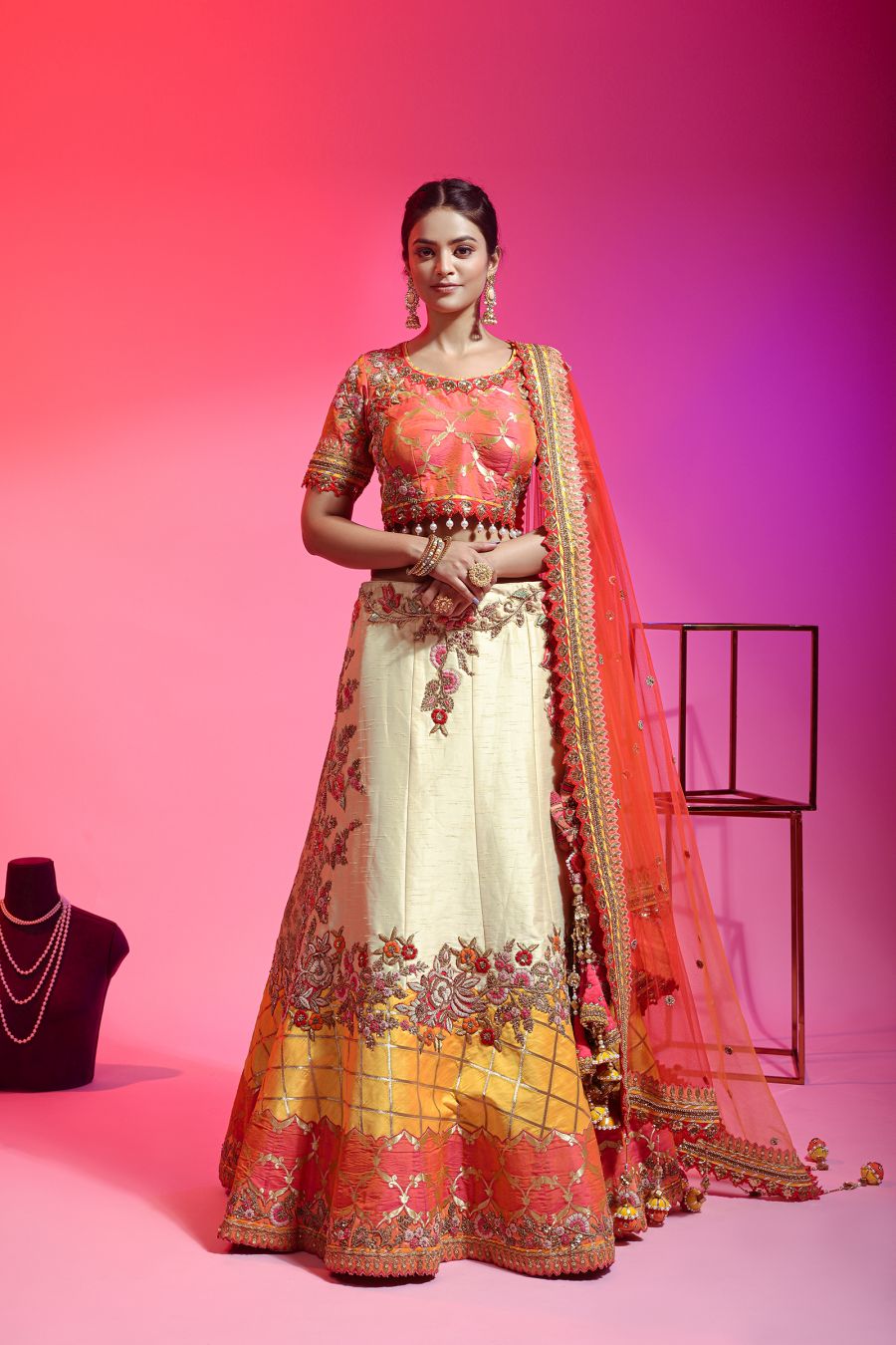 Cream Lehenga Choli In Banarasi Silk With Hand Work