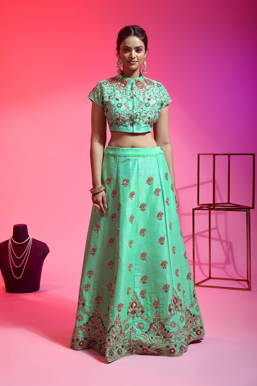 Green Colour Raw Silk Lehenga Choli With Hand Work