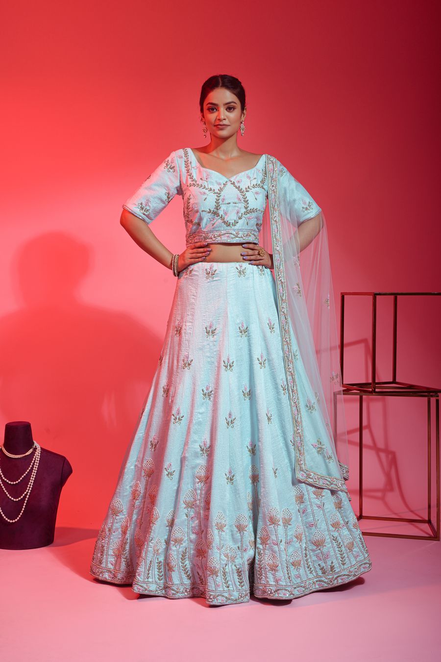 Sea Green Lehenga Choli In Raw Silk With Floral Hand Work