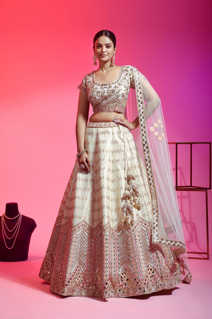 Ivory Lehenga Choli Set In Raw Silk With Hand Work