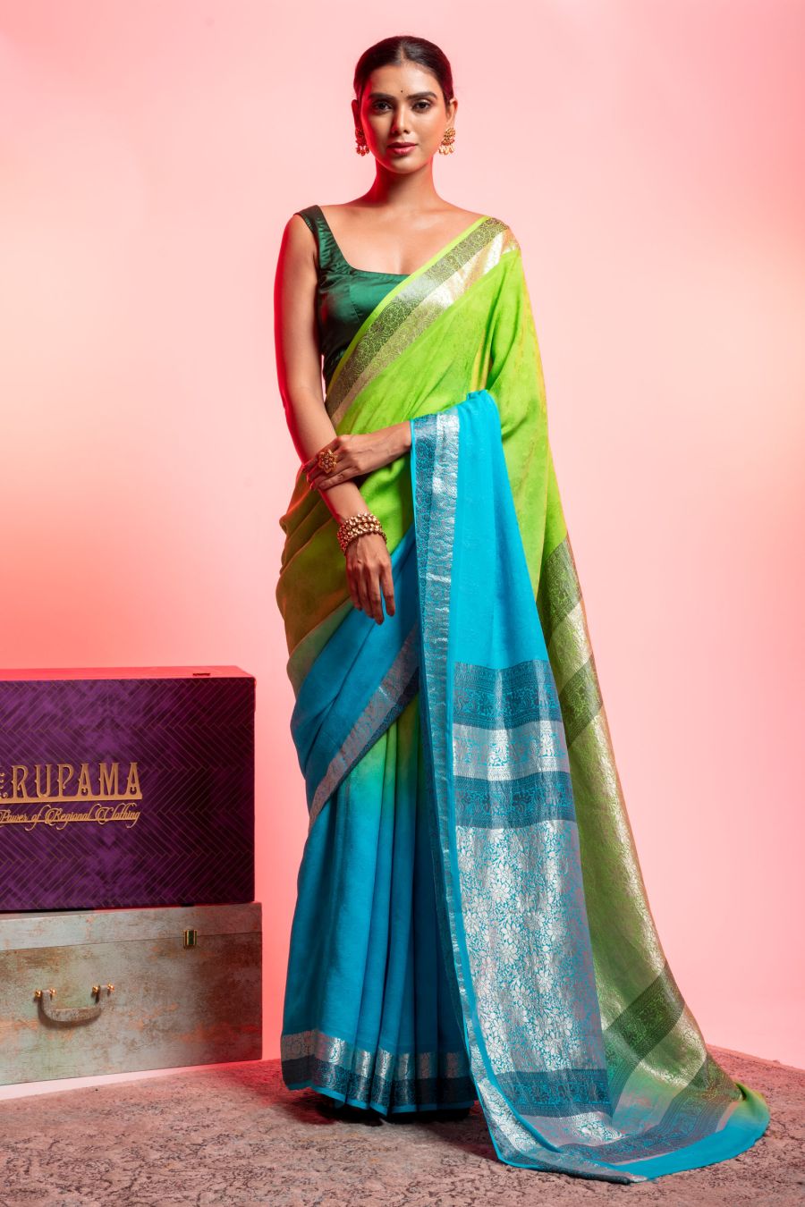 Mysori Crepe Saree in Green & Aqua Blue color