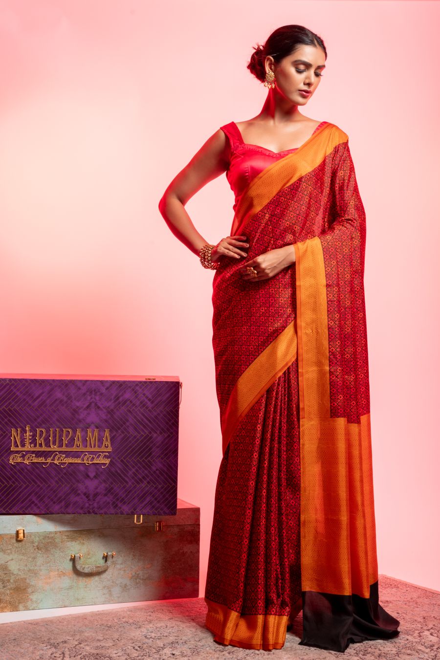 Printed Silk Saree in Red & Orange combination