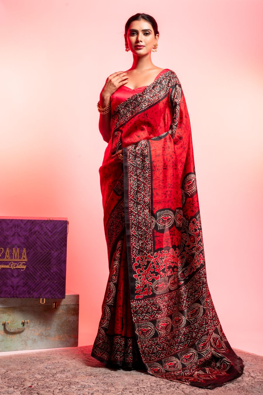 Printed Silk Saree in Red & Black combination