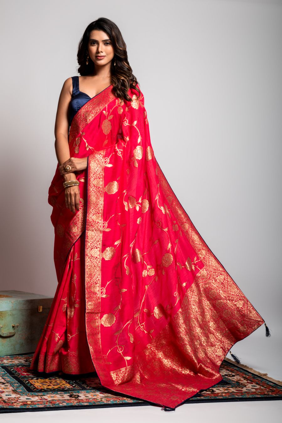 Dola Silk Saree in Carrot Pink color
