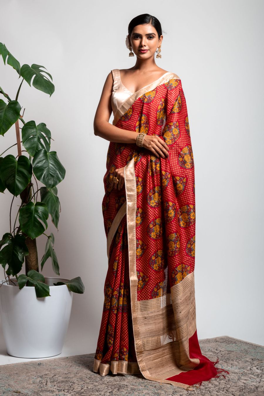 Cotton Silk Saree in Tomato Red color