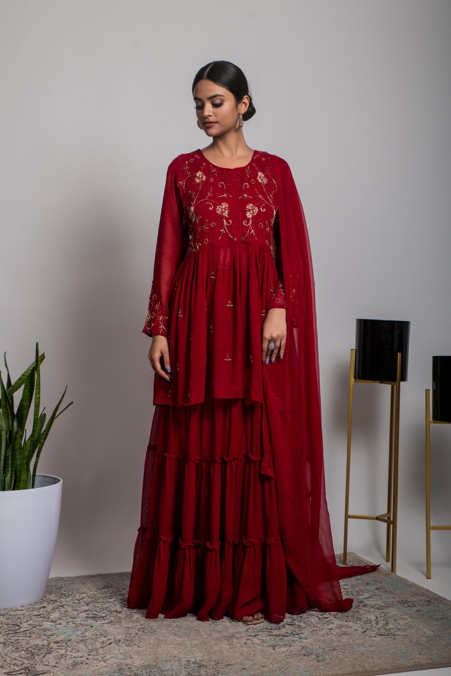 Cherry Red Peplum style Top & Skirt with georgette Dupatta