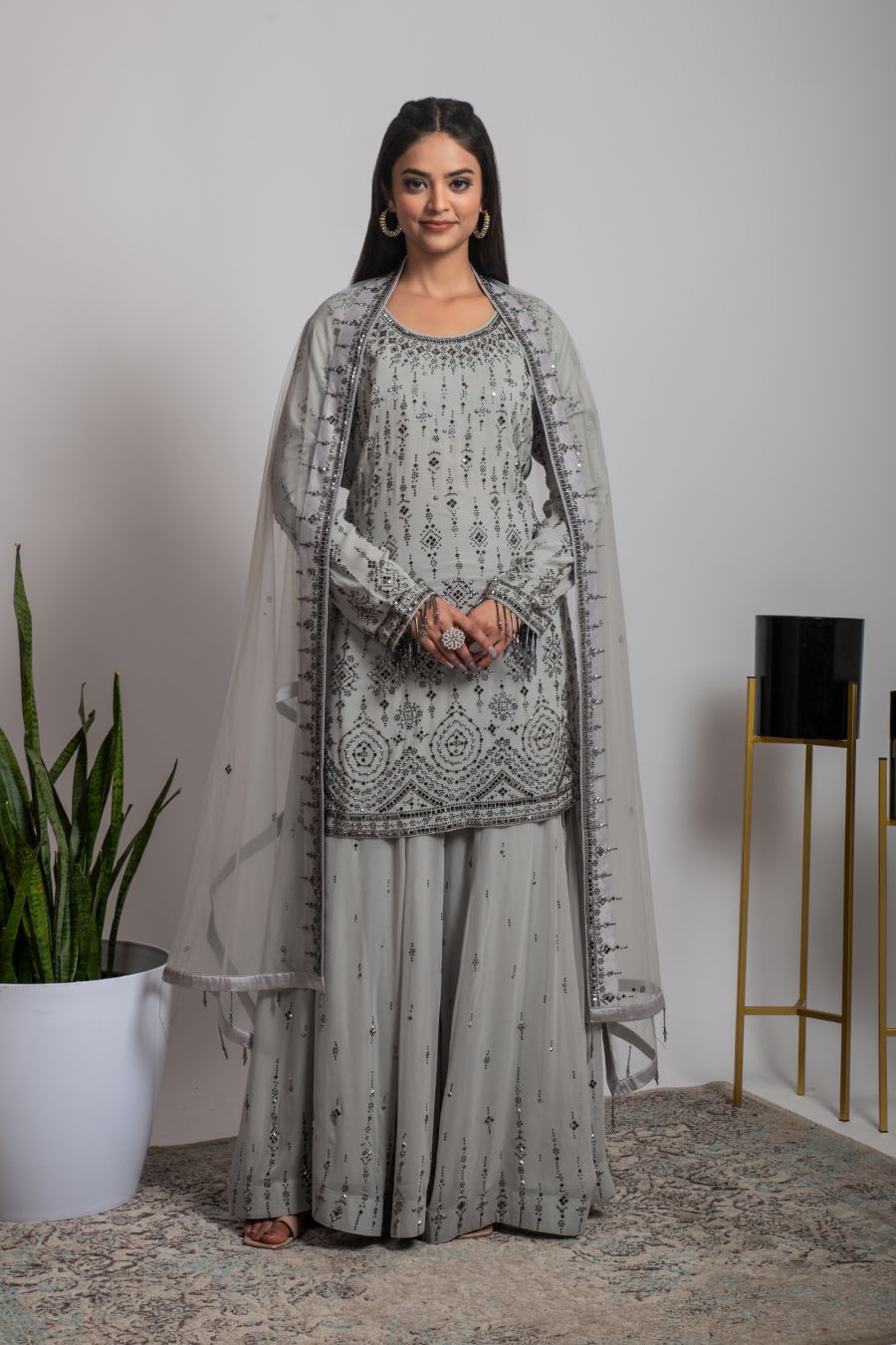 Grey color heavy Sharara & Kurti Set