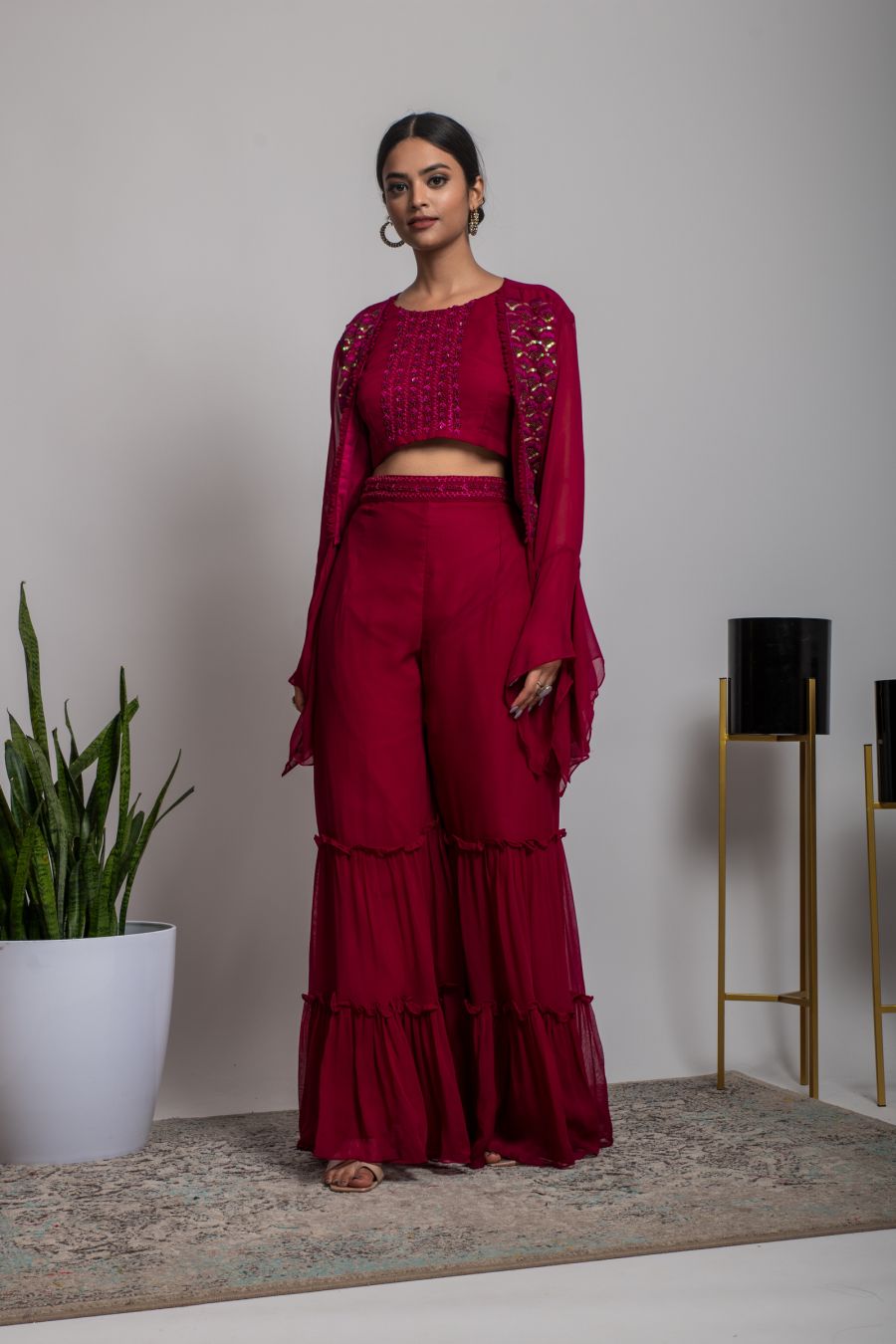 Red embellished Crop Top & Sharara with short Jacket