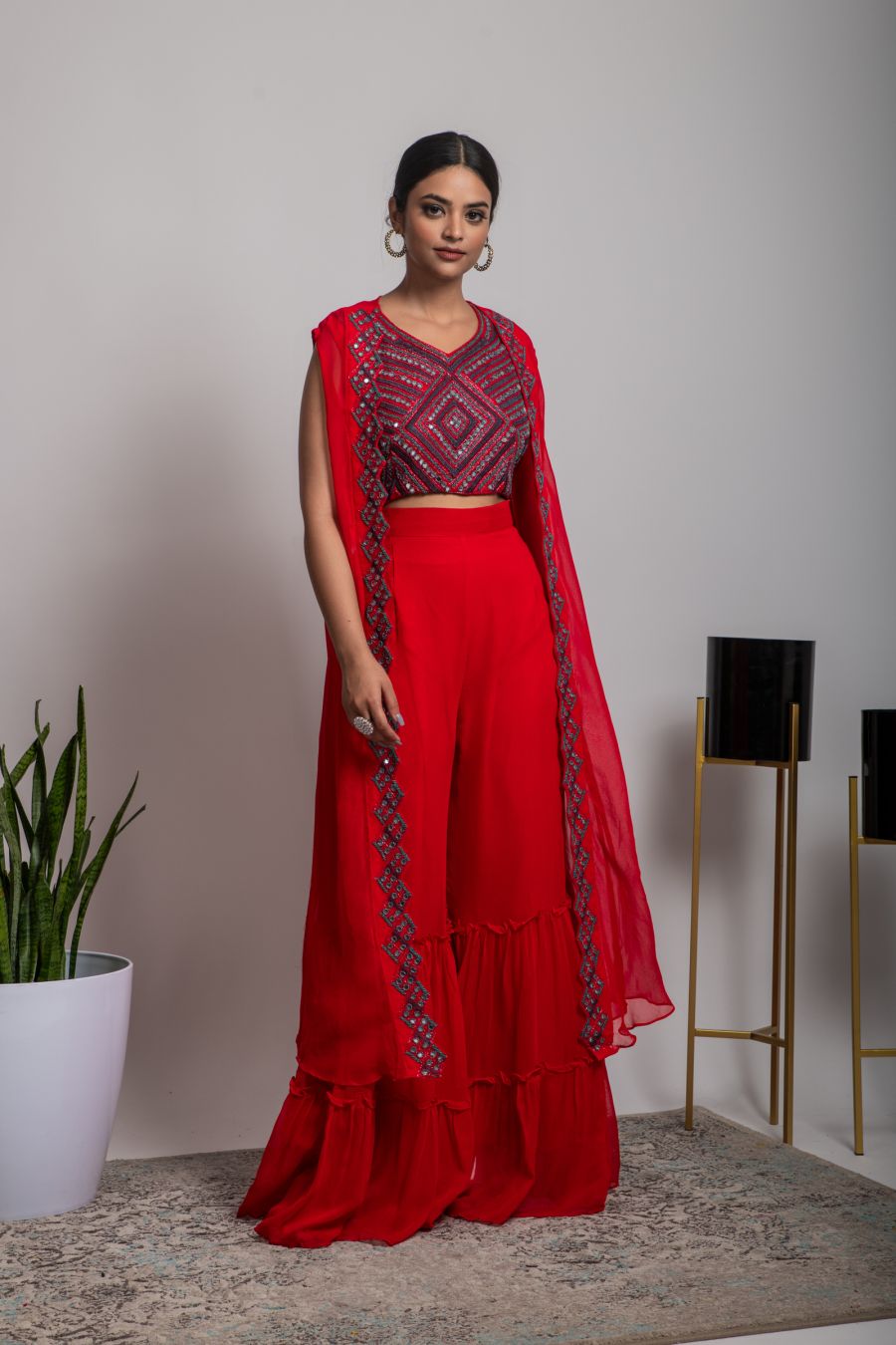  Red embellished crop top & Sharara with long Jacket