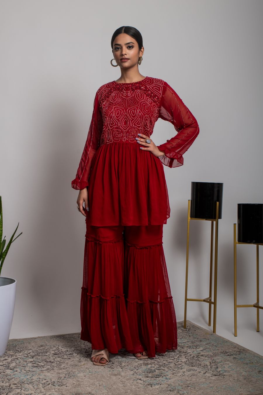 Cherry Red Peplum style Top & Sharara