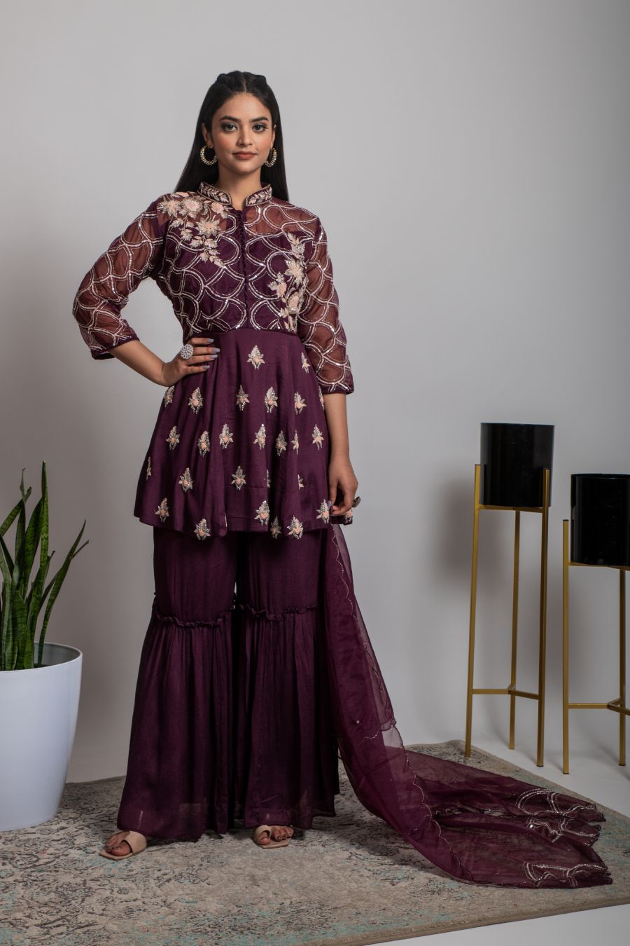Wine color Peplum Top & Sharara Set
