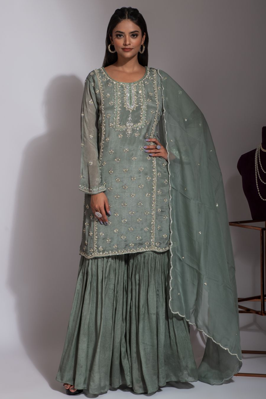 Stylish Sage Green color Sharara Suit
