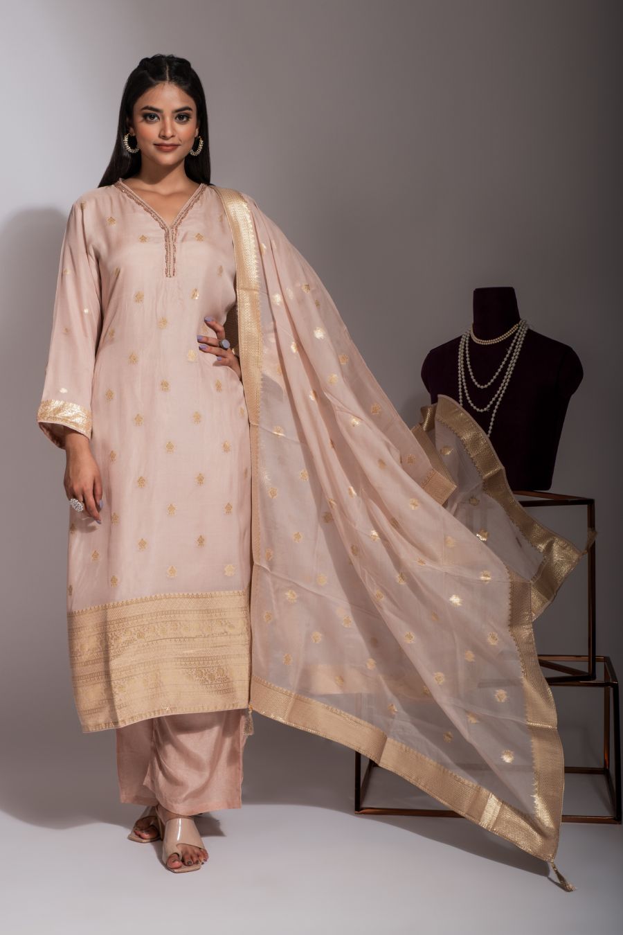 Cream color Palazzo Pant & Kurti set.