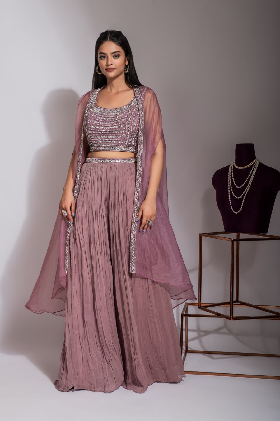 Onion Pink Sharara with Crop Top & Organza Jacket