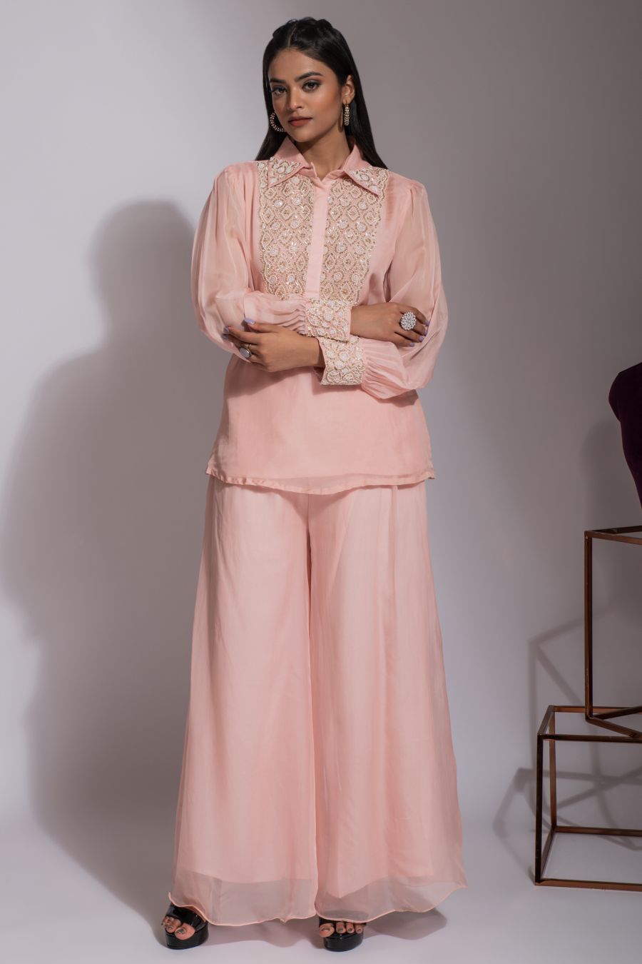 Light Pink Short Kurta with Soft Organza Palazzo