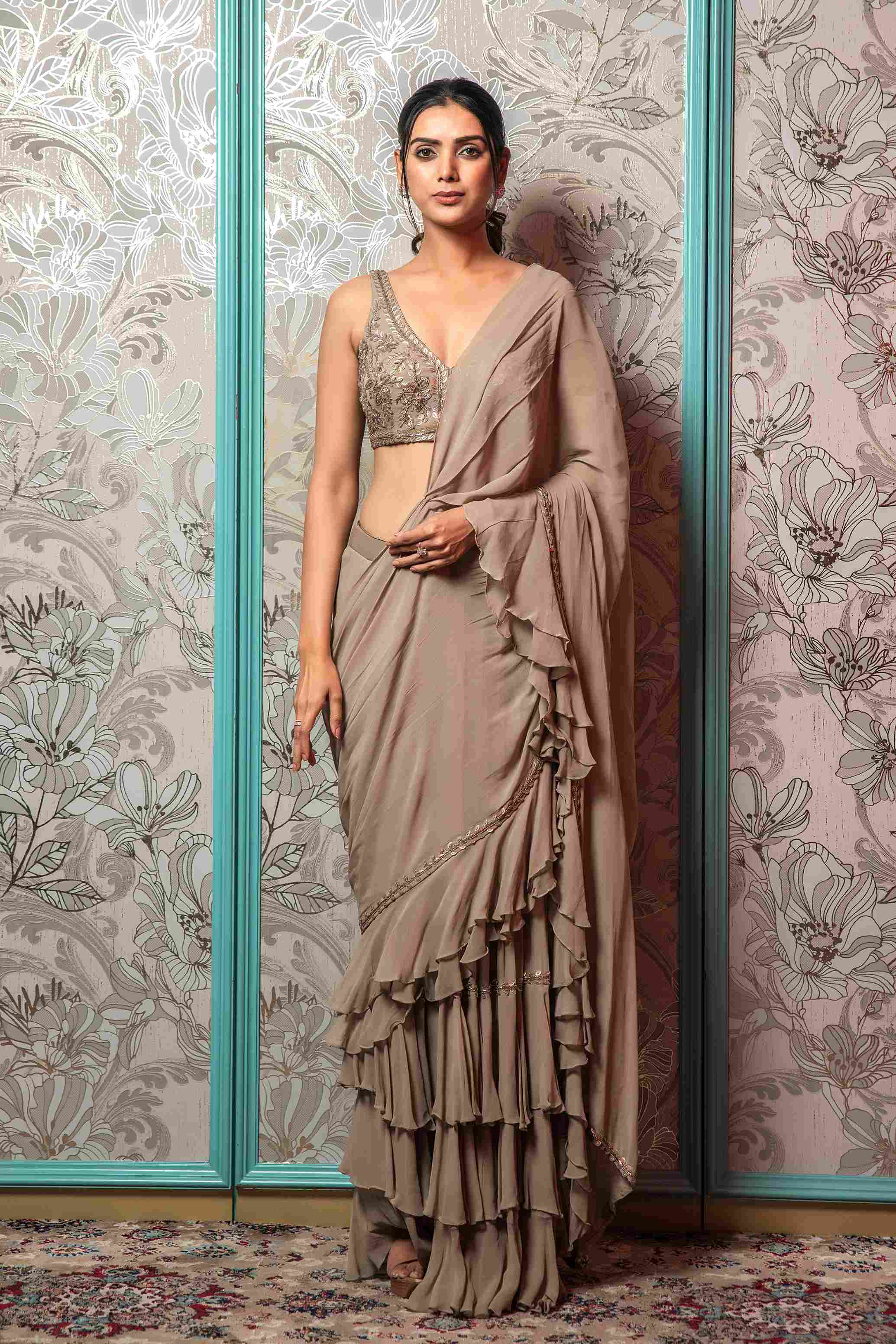 Light Brown Crop Top Set with Ruffle Dupatta
