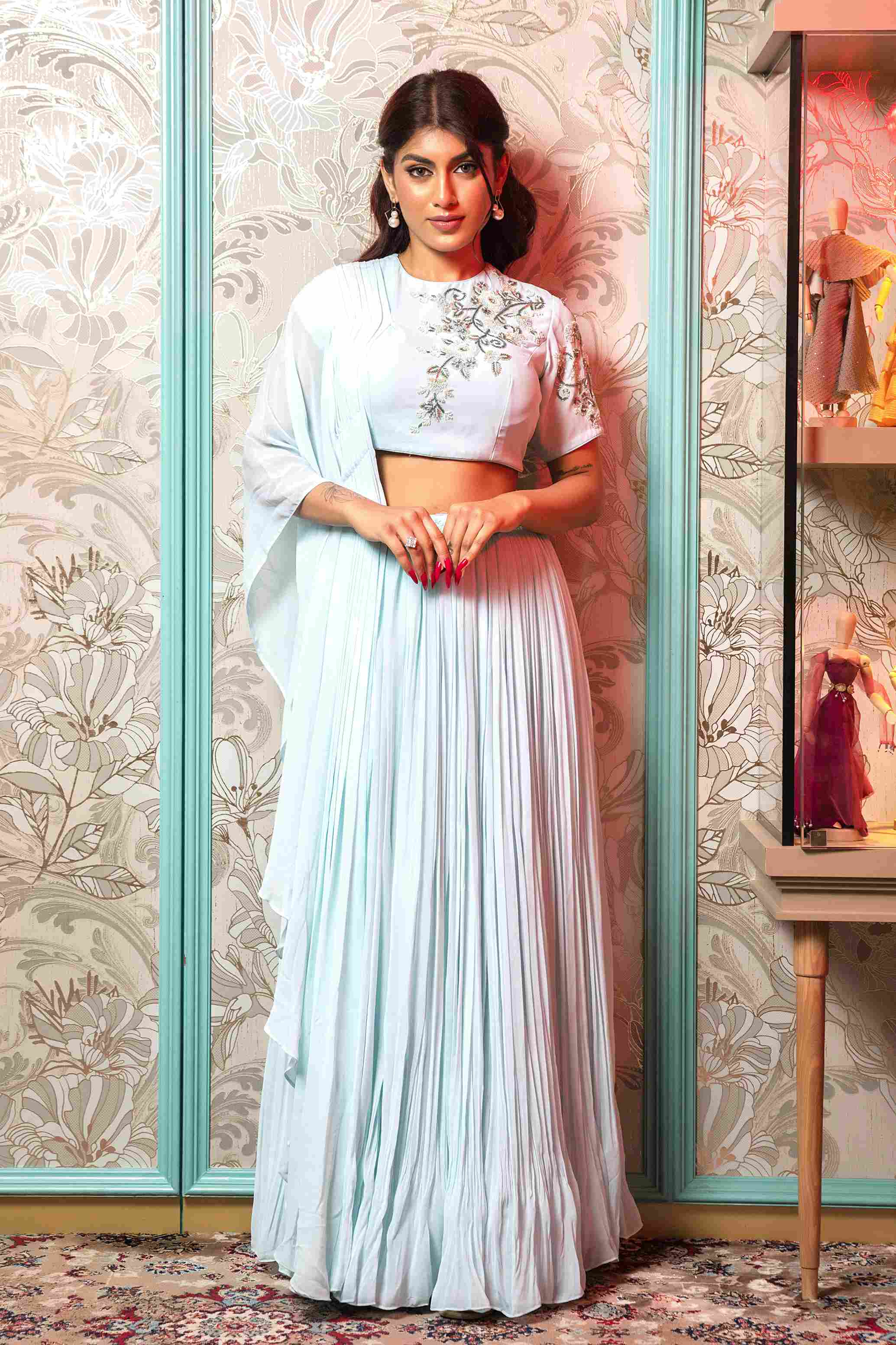 Sea Blue Crop Top and Skirt with Flarrey Sleeves