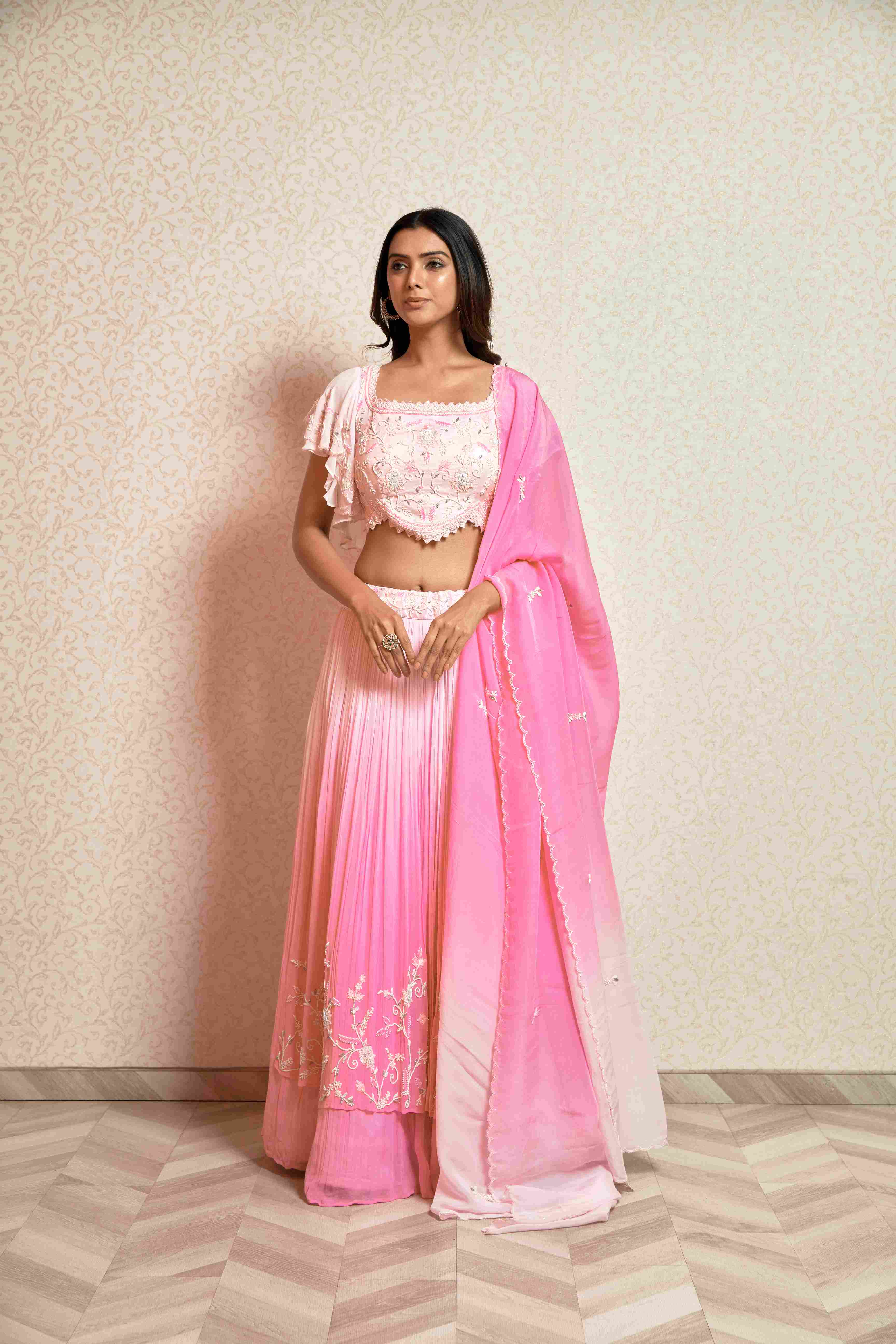 Pink and Light Pink Ombre Crop Top Set with Dupatta