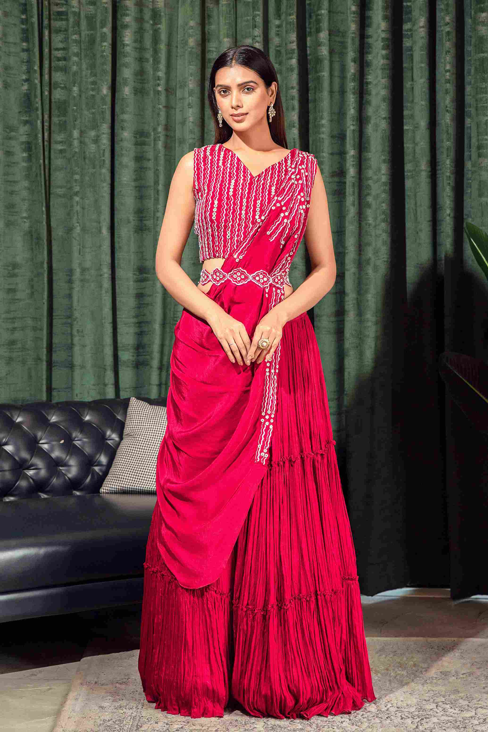 Maroon Drape Style Crop Top Set in Silk Chinnon