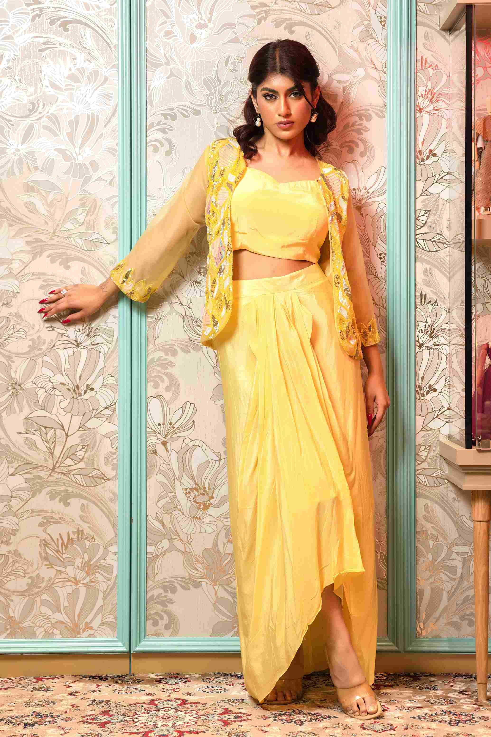 Lemon Yellow Crop Top Set with Heavy Jacket in Silk