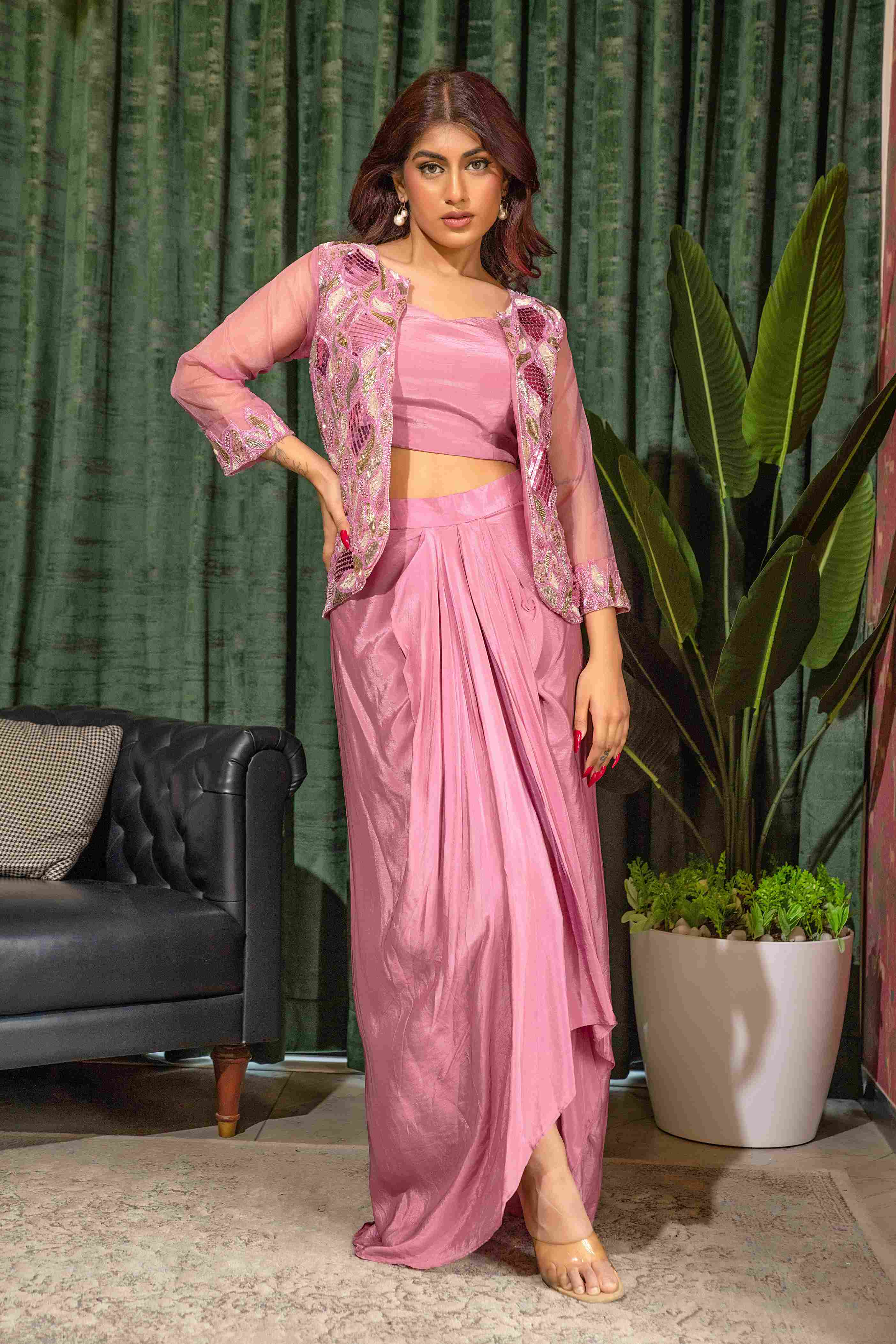 Onion Pink Crop Top Set with Heavy Jacket in Silk