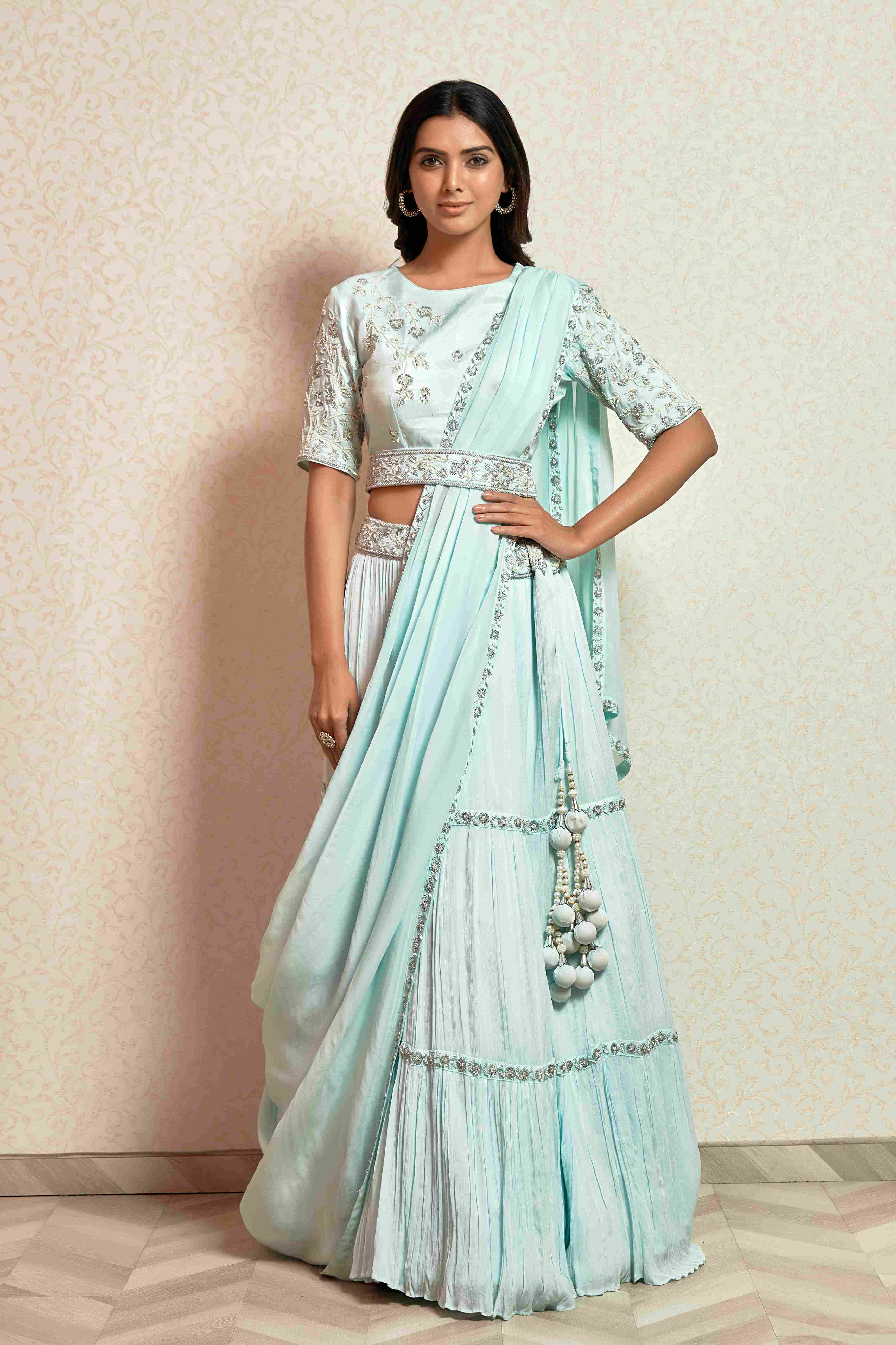 Ice Blue Crop Top Set with matching Dupatta and Belt