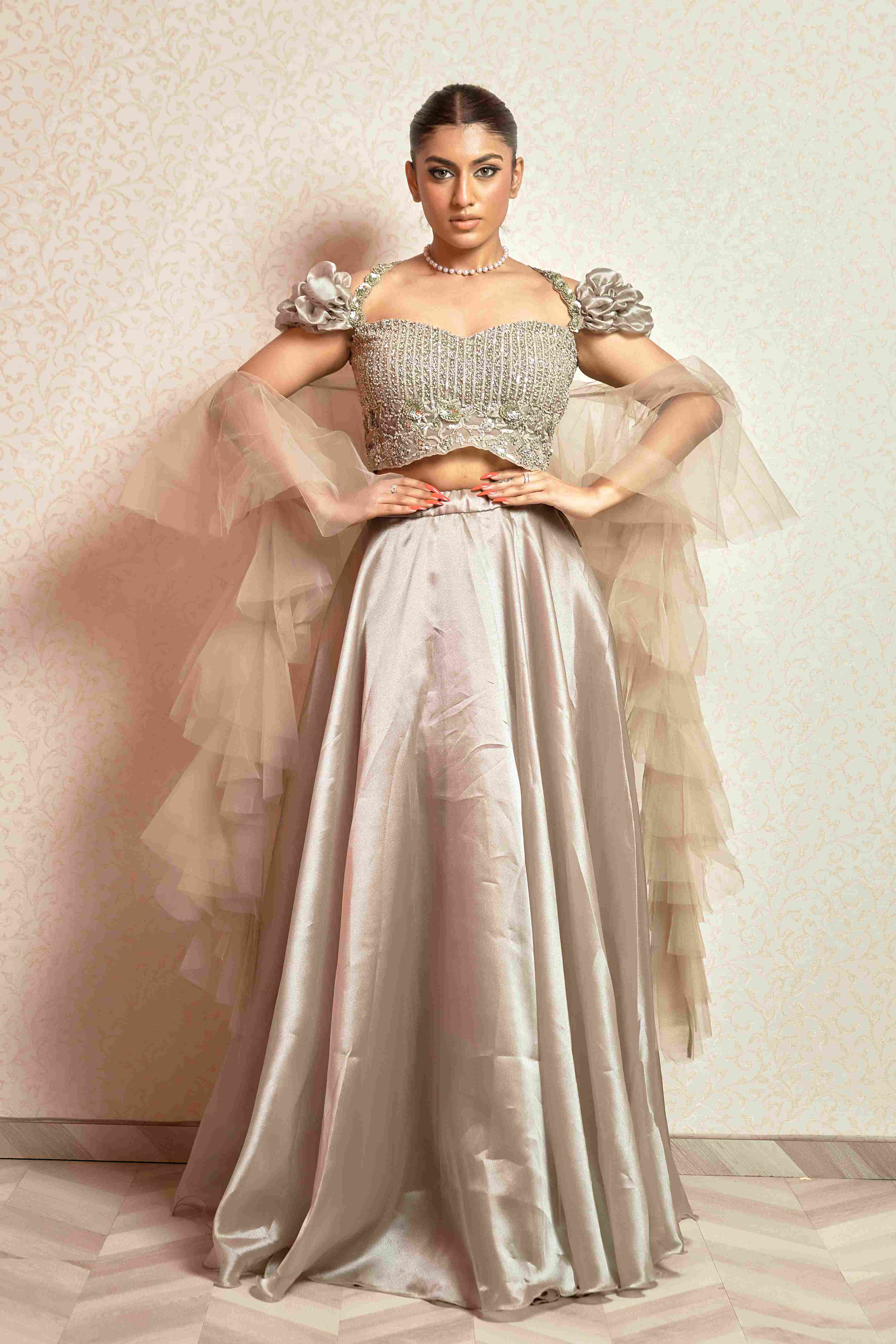 Beige heavy Crop Top Set with Ruffle Dupatta 