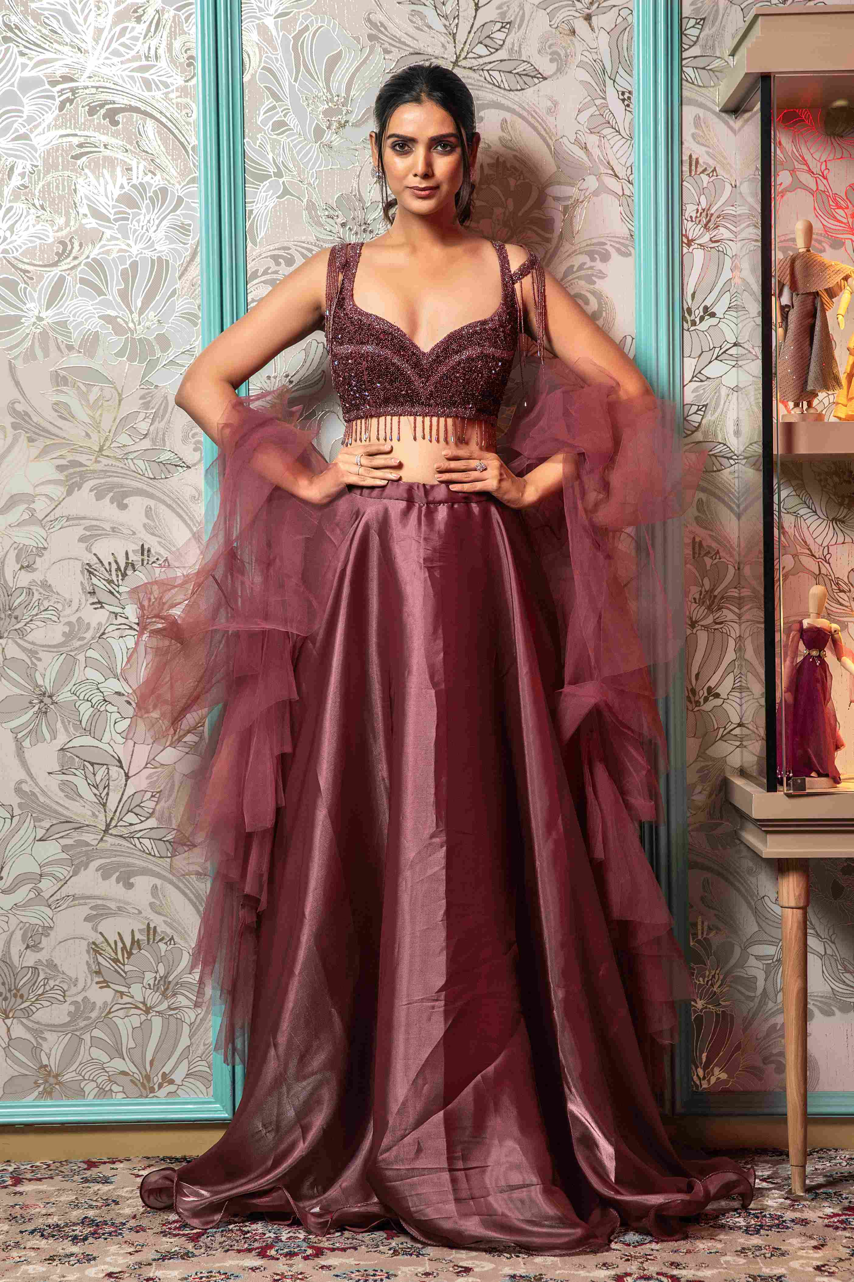 Heavy Crop Top Set with Dupatta in Chestnut Brown