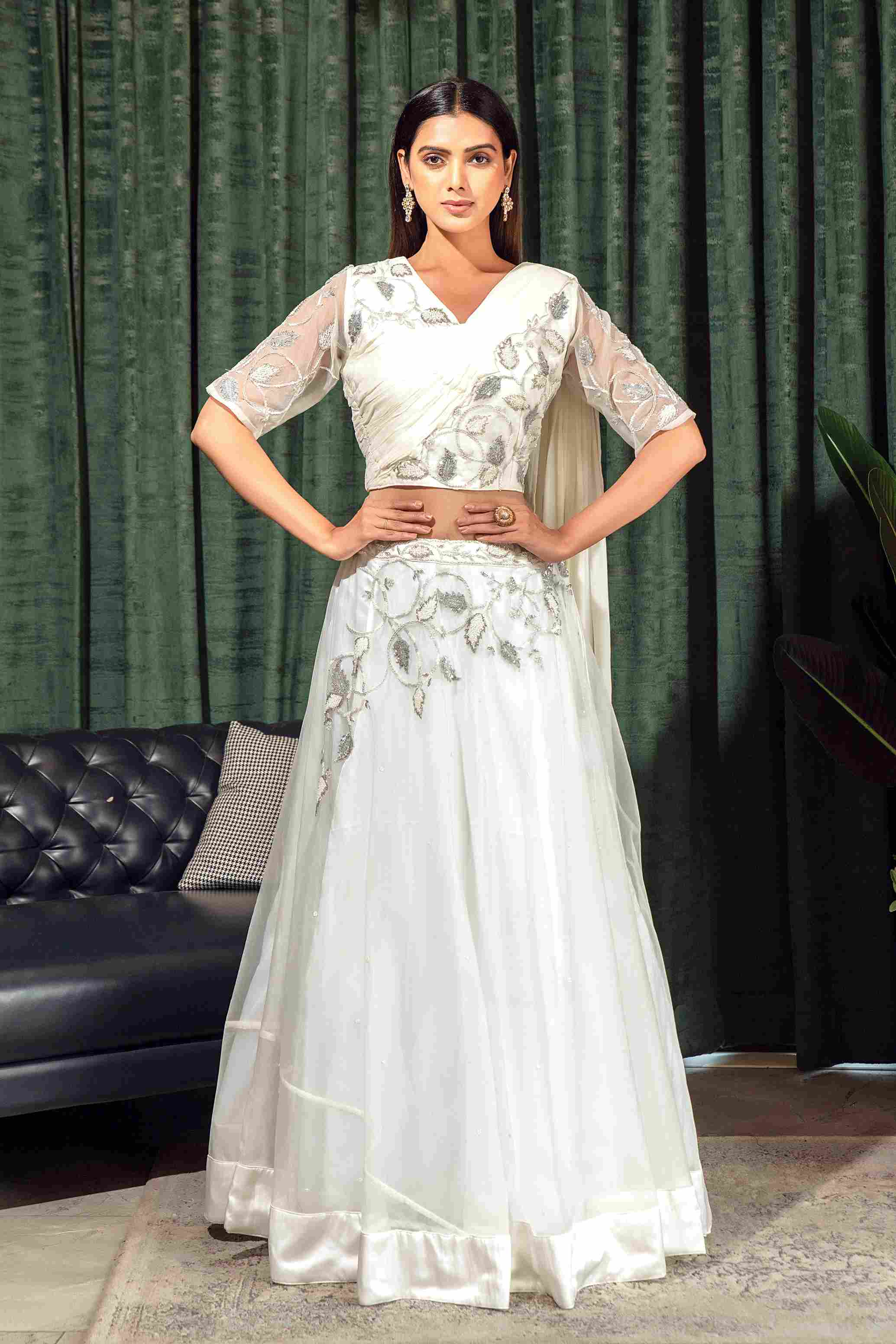 Ivory Crop Top Set with attached Dupatta in Tissue