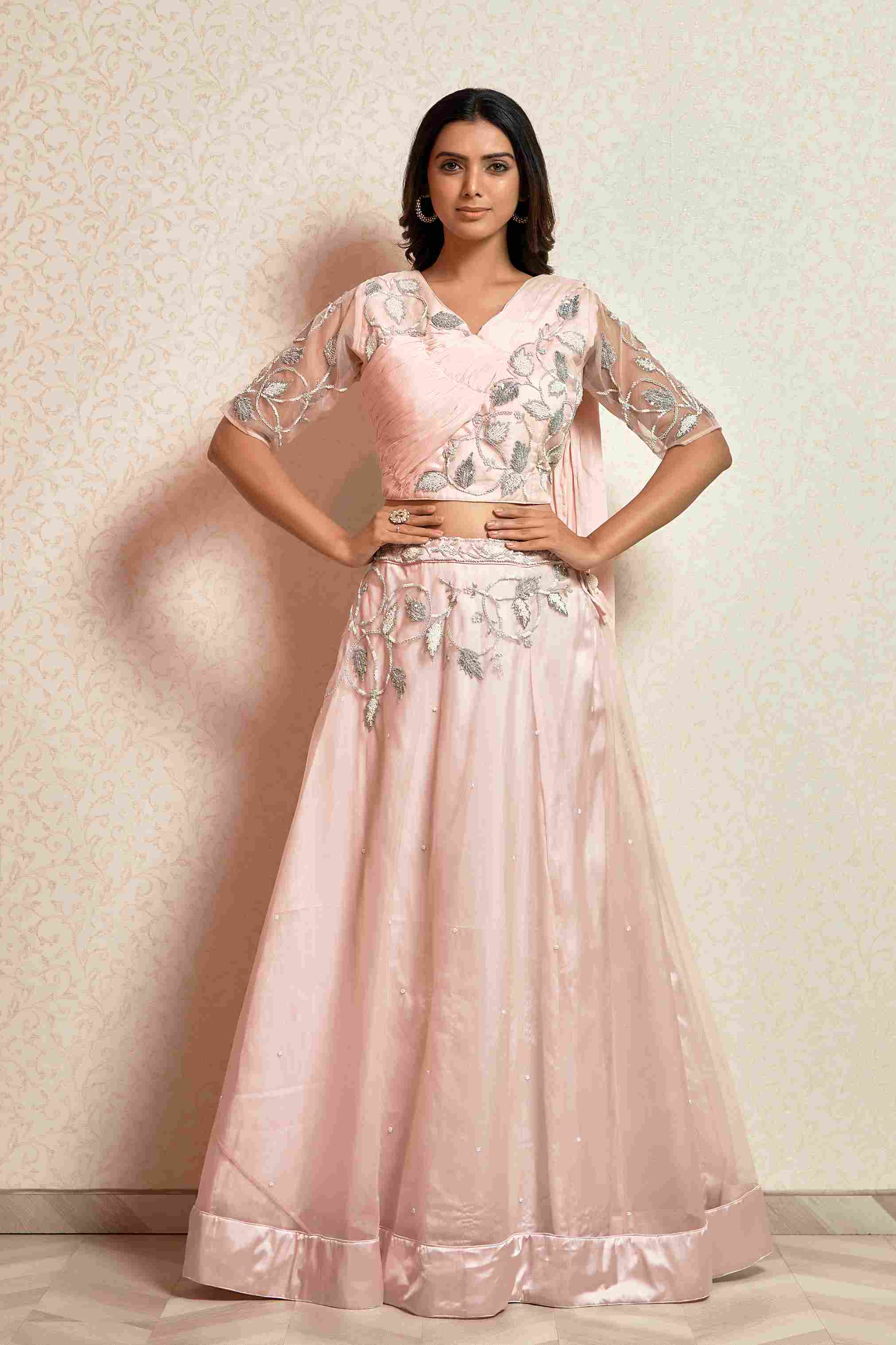 Light Pink Crop Top Set with attached Dupatta