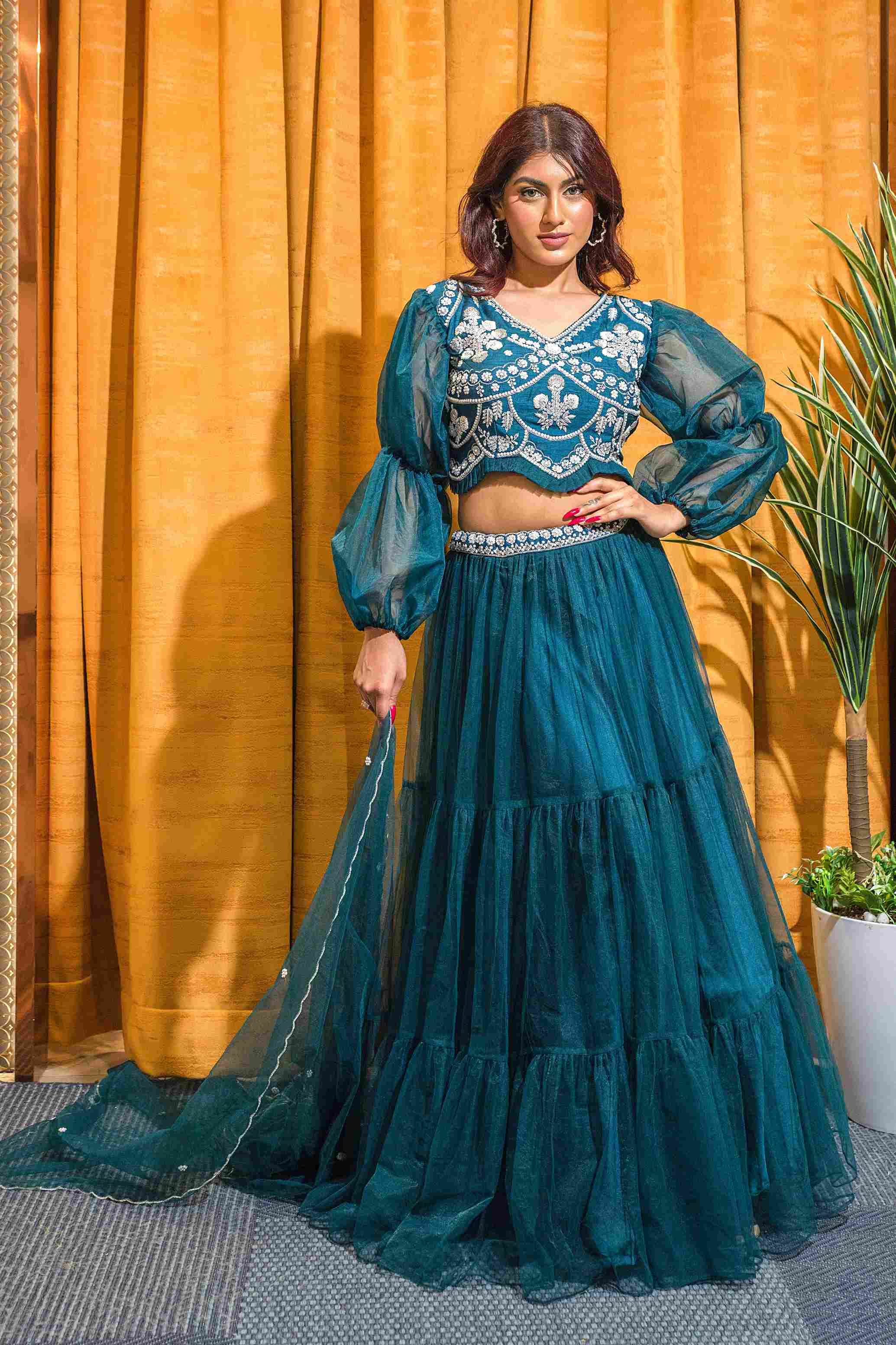 Peacock Blue Crop Top Set in Net with Puffed Sleeves